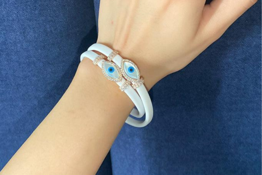 Double Evil Eye Adjustable Wrap Bracelet-Necklace Choker with Swarovski Crystals