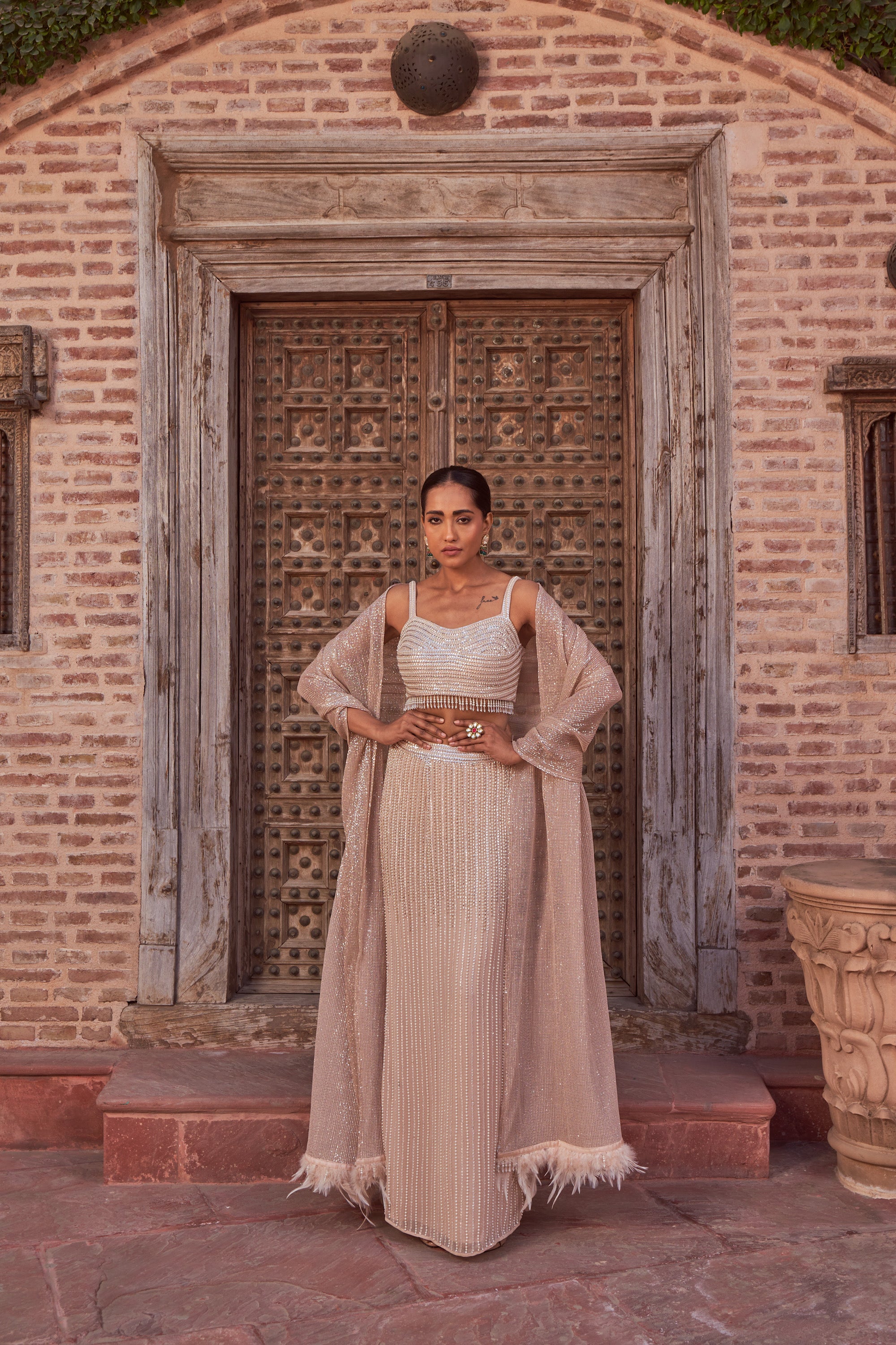 Sun Burn Embroidered Crop Top With Embroidered Skirt And Embroidered Cape