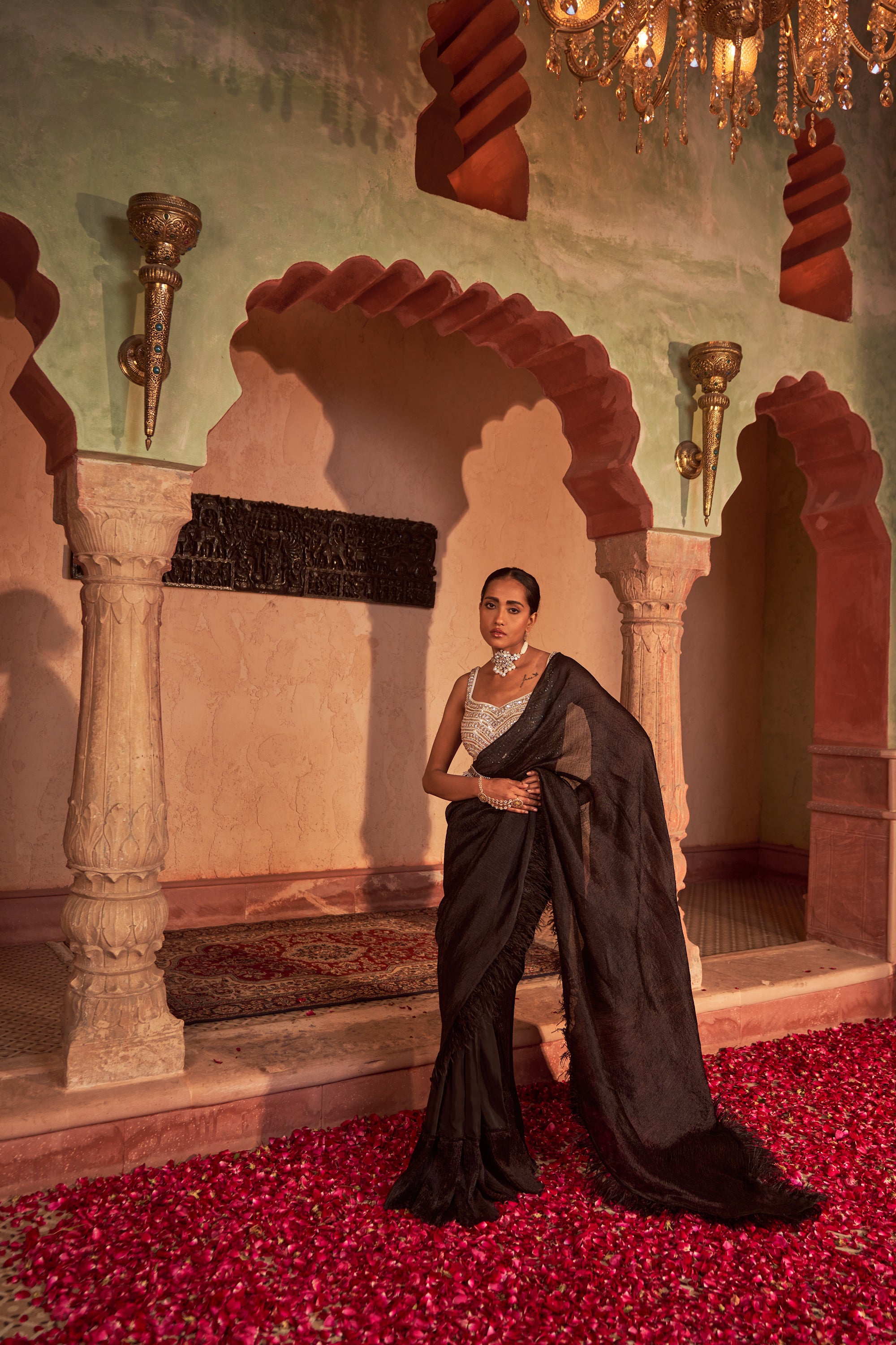 Deccan Tyohaar Saree With Feather Detailing On Saree Paired With Embroidered Blouse And Embroidered Belt