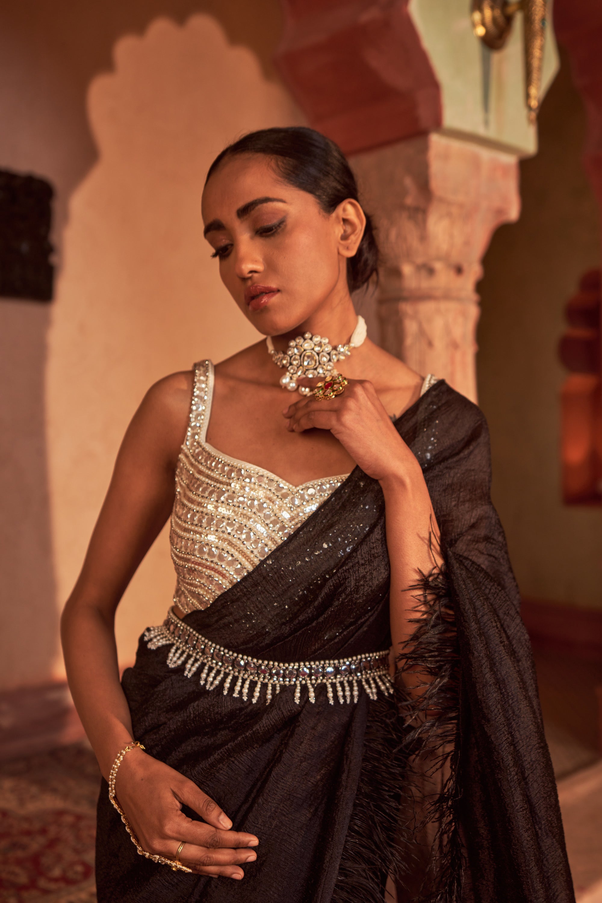 Deccan Tyohaar Saree With Feather Detailing On Saree Paired With Embroidered Blouse And Embroidered Belt