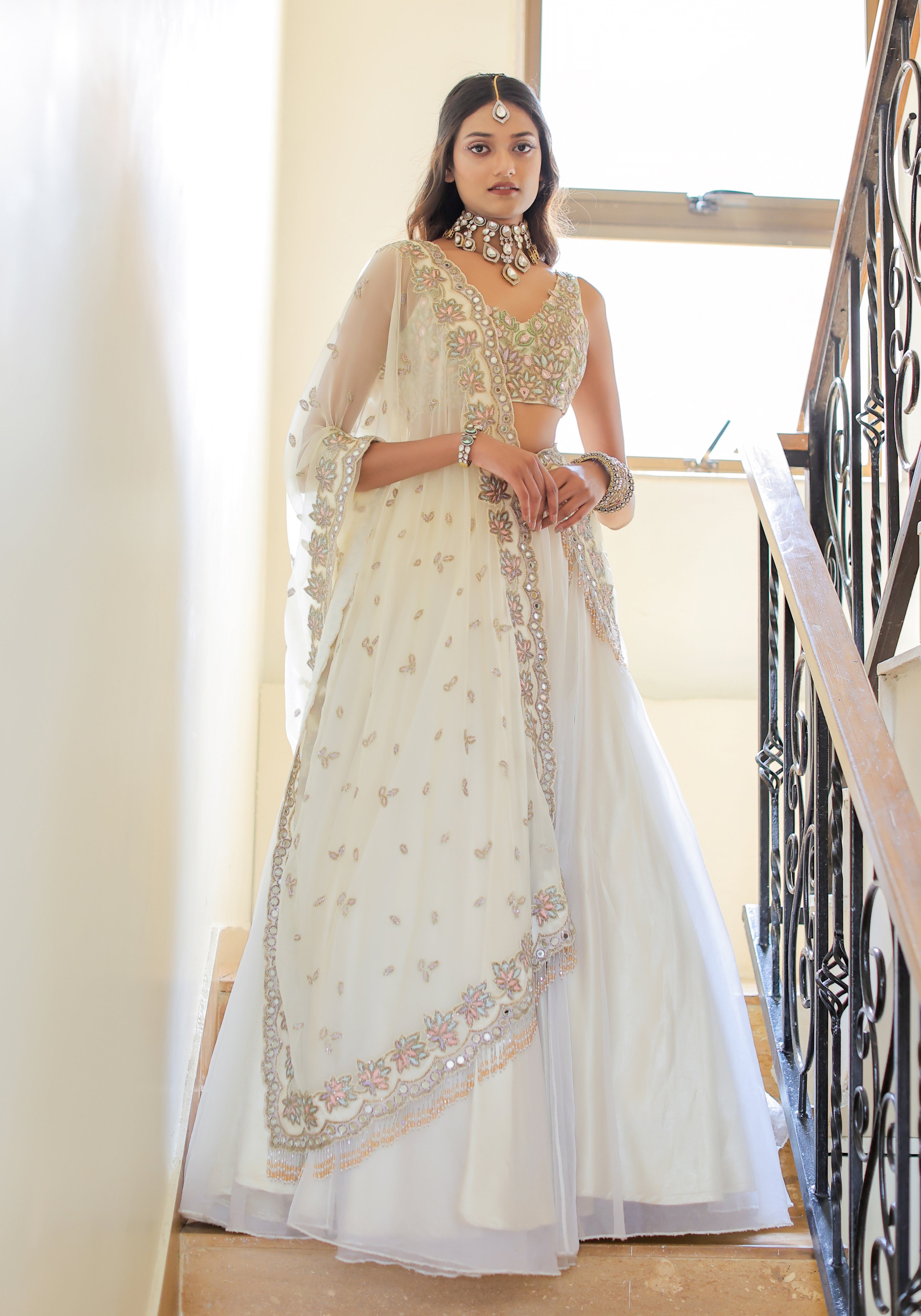 Cream Mirror Embroidered Organza Lehenga