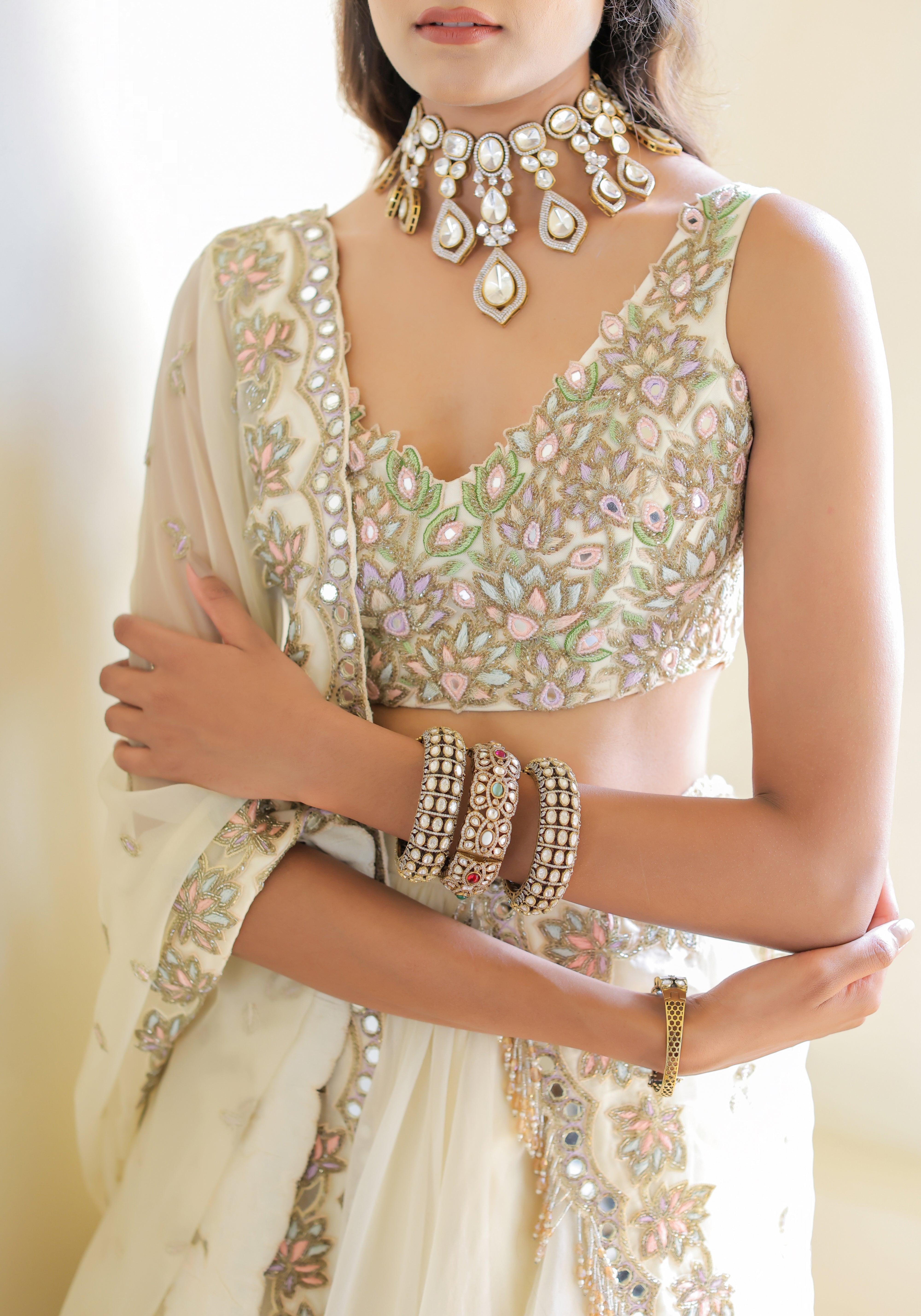 Cream Mirror Embroidered Organza Lehenga