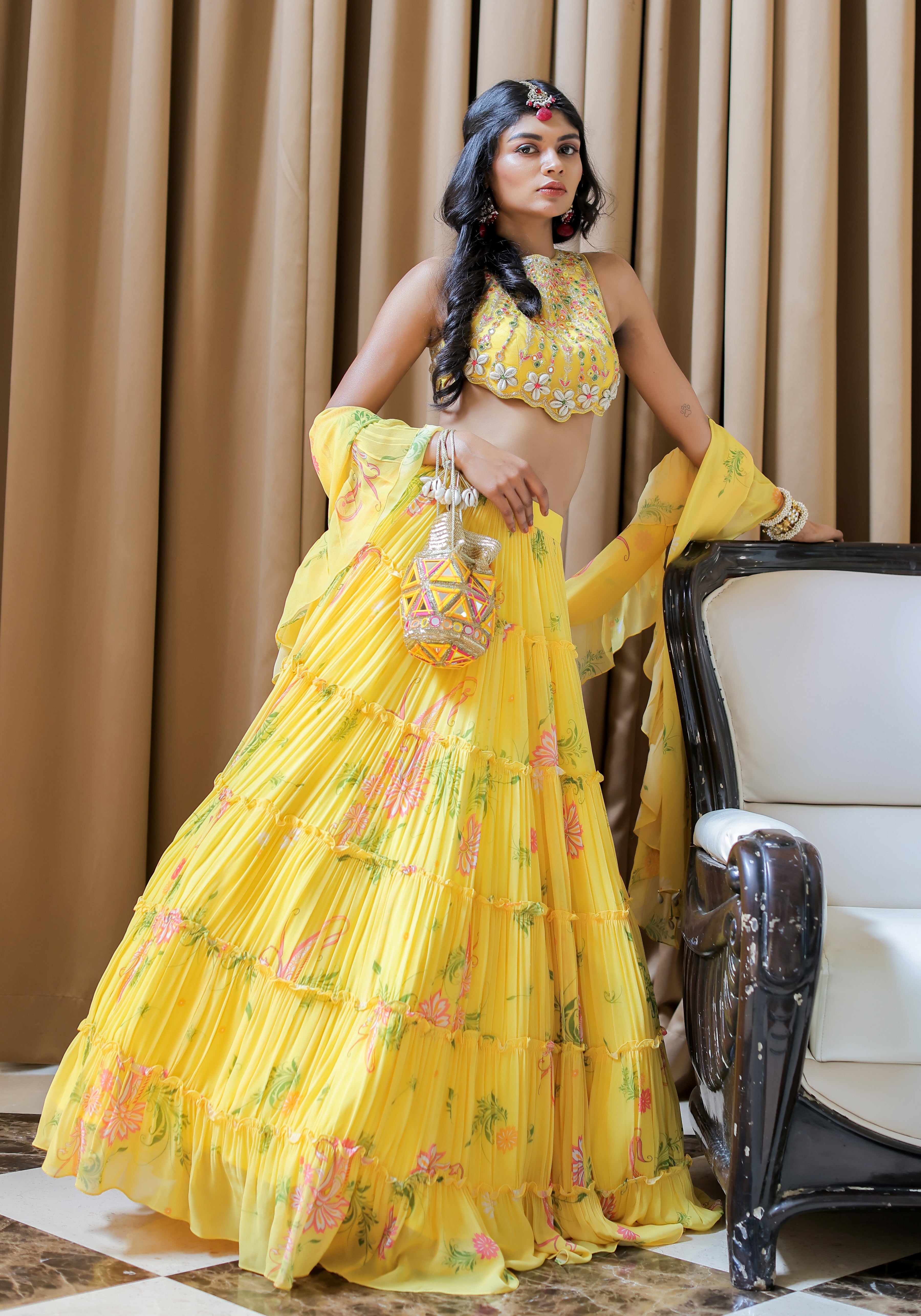 Yellow Printed Tiered Lehenga Set