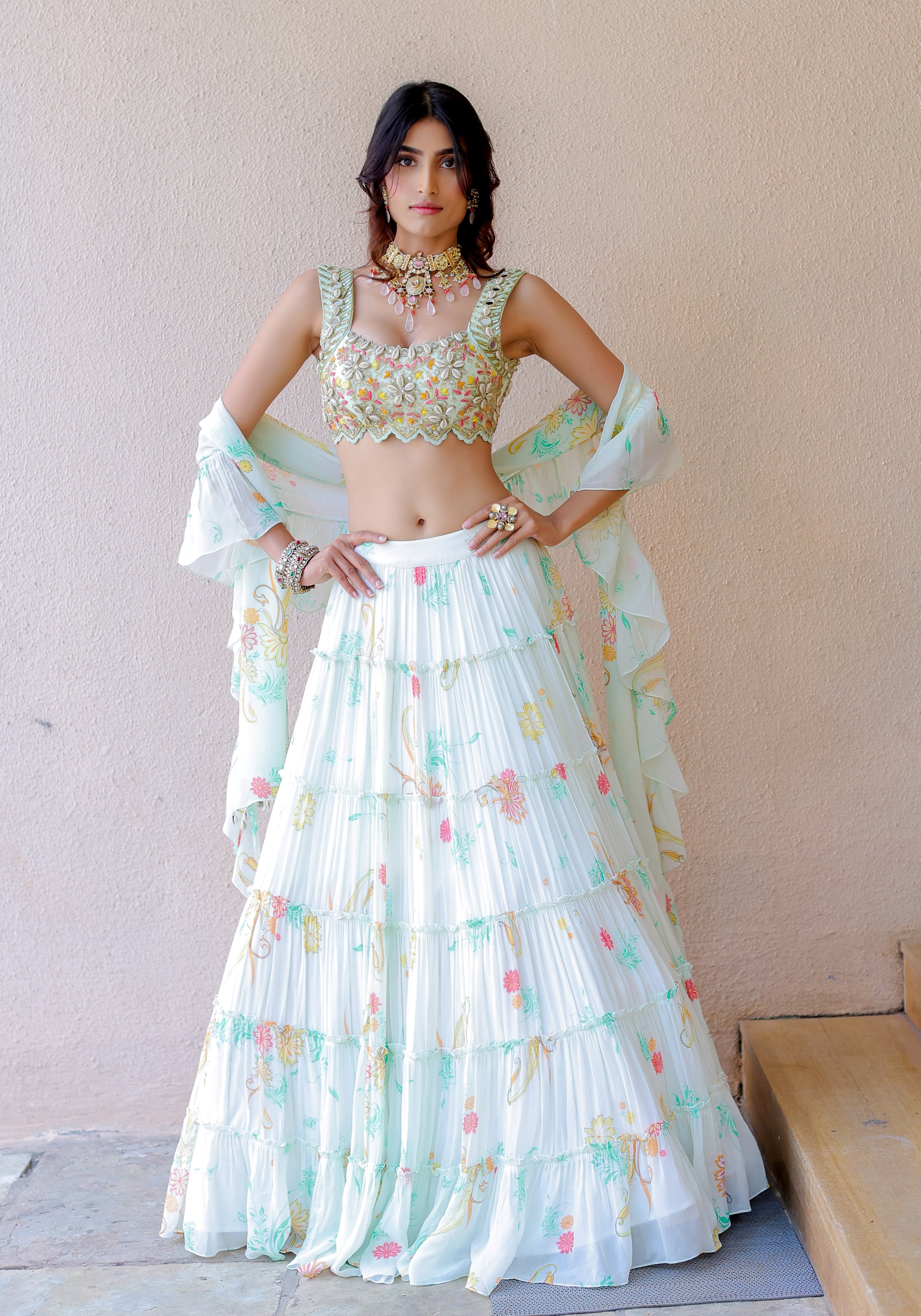 White Printed Tiered Lehenga Set