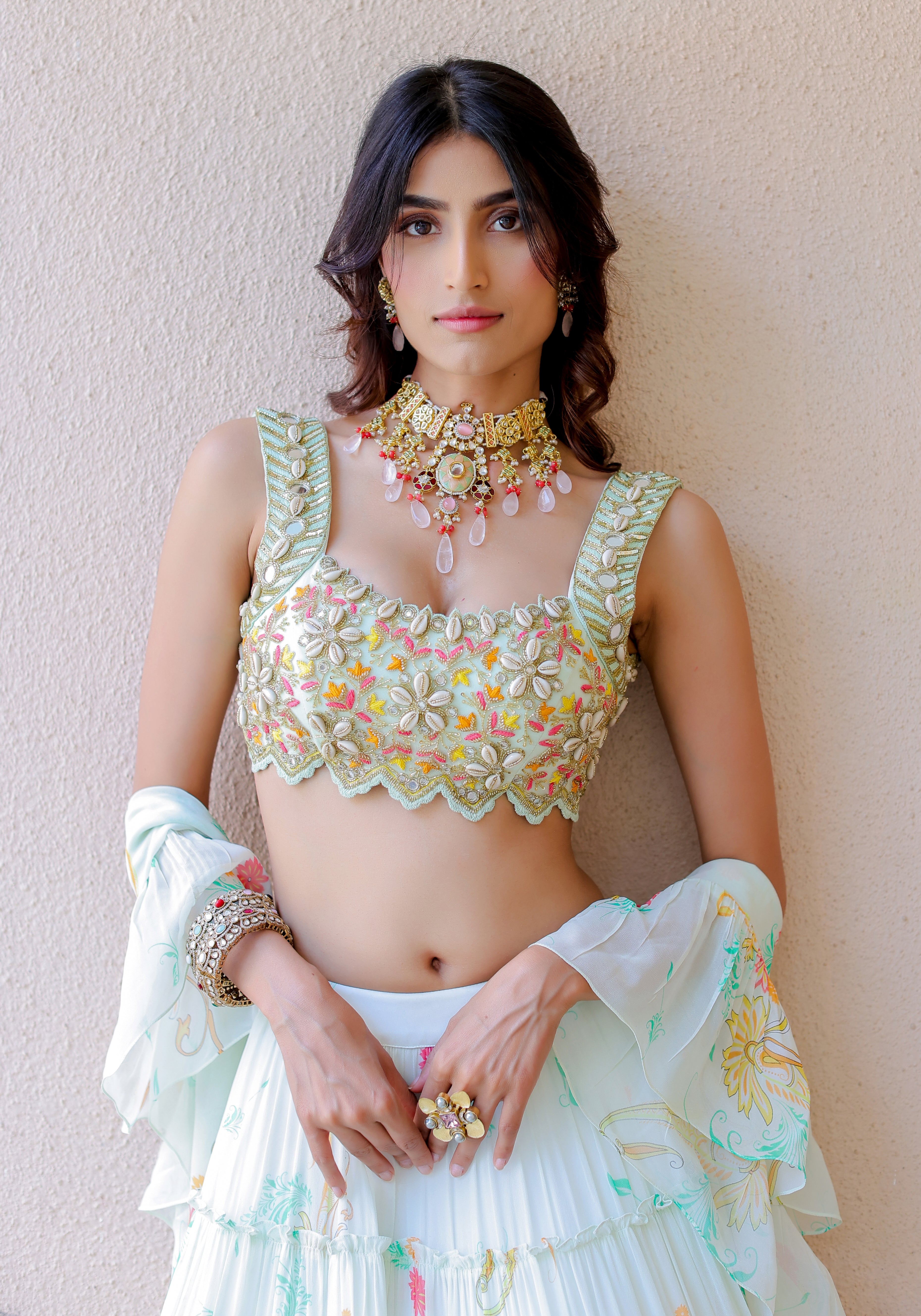 White Printed Tiered Lehenga Set