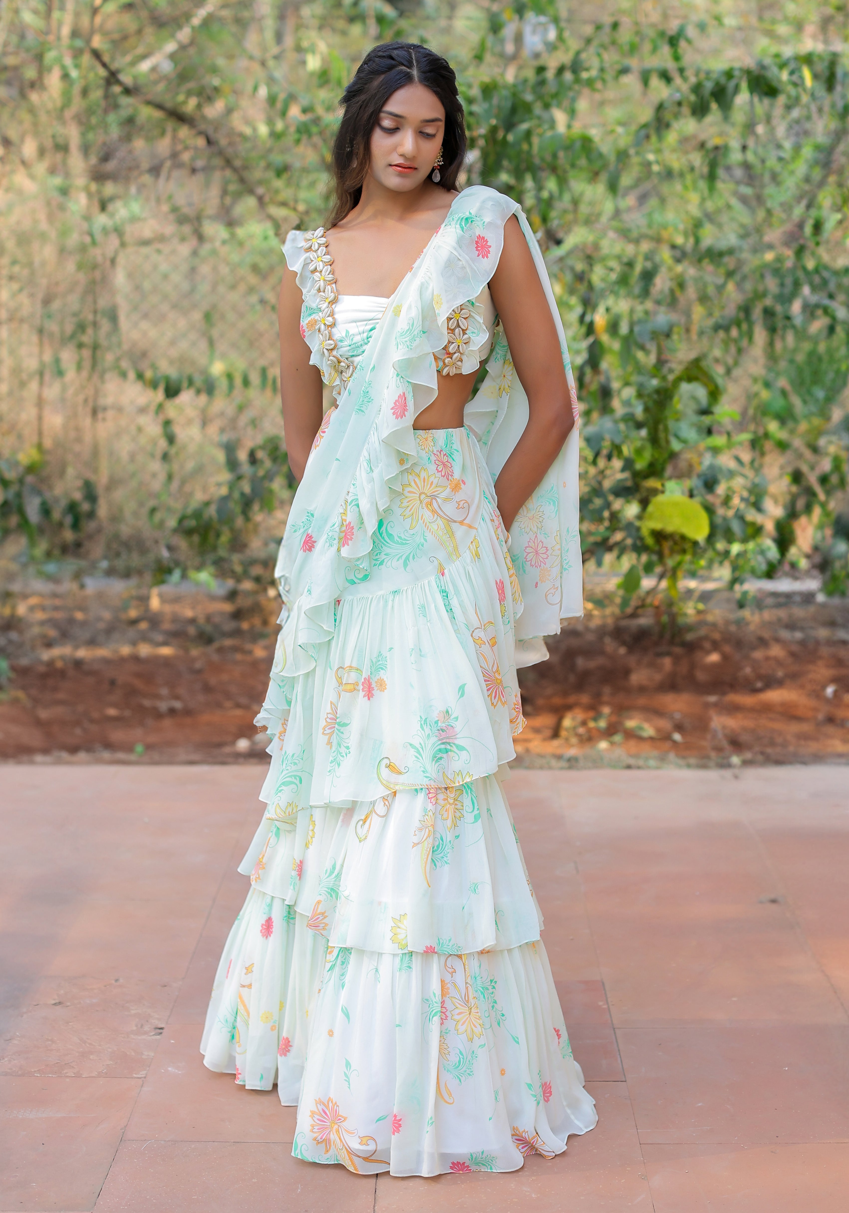 White printed Ruffle Saree Set