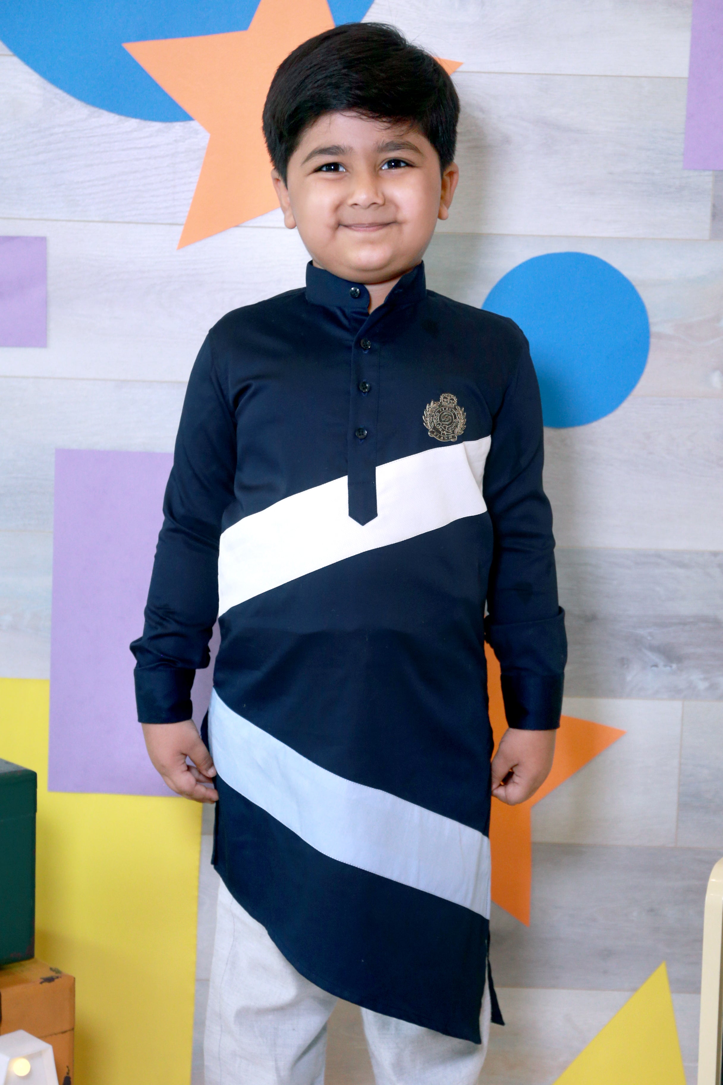 Navy Blue Cotton Kurta With Contrast Stripes Teamed With An Off White Pyjama