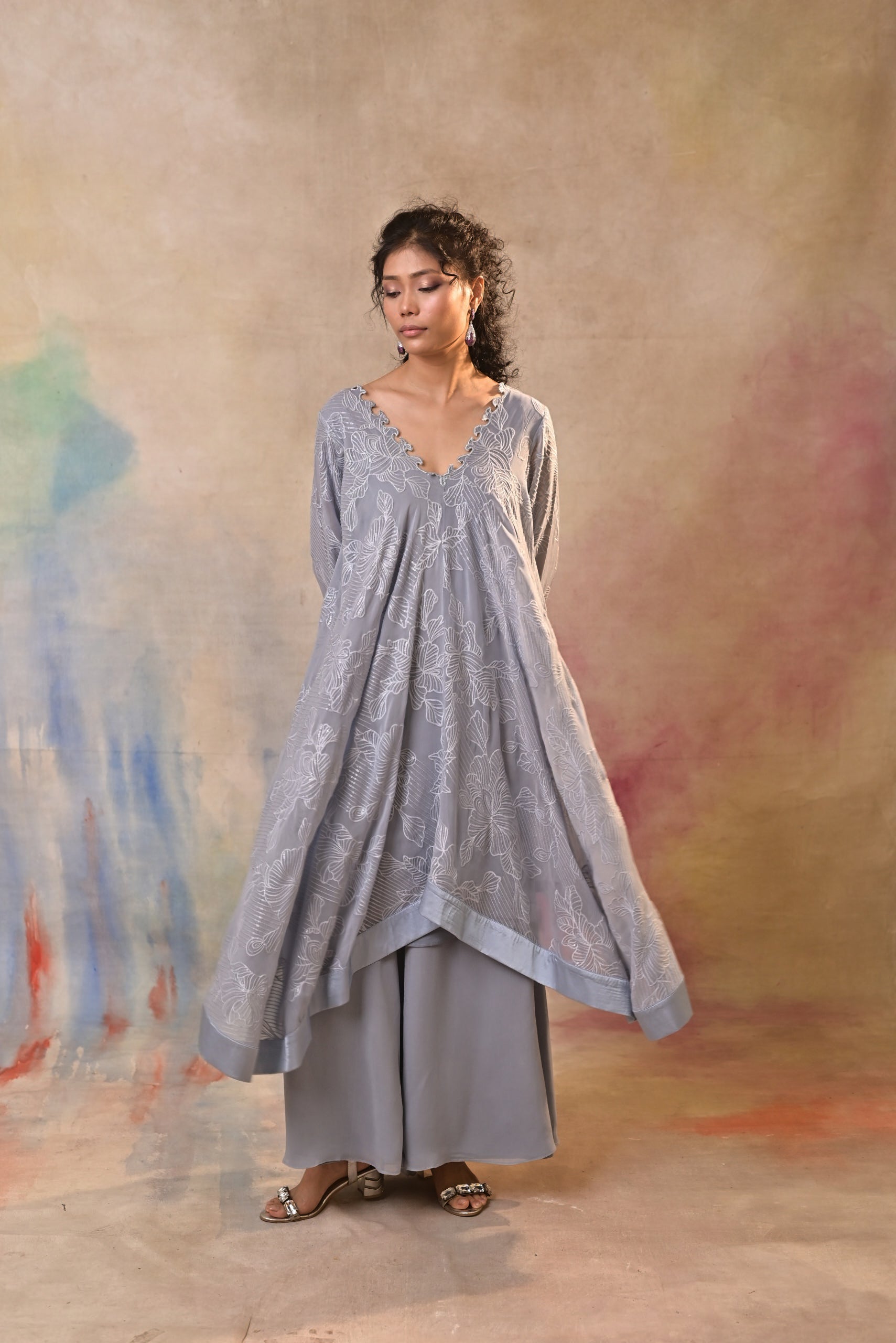 Elegant Grey Embroidered Indo-Western Set