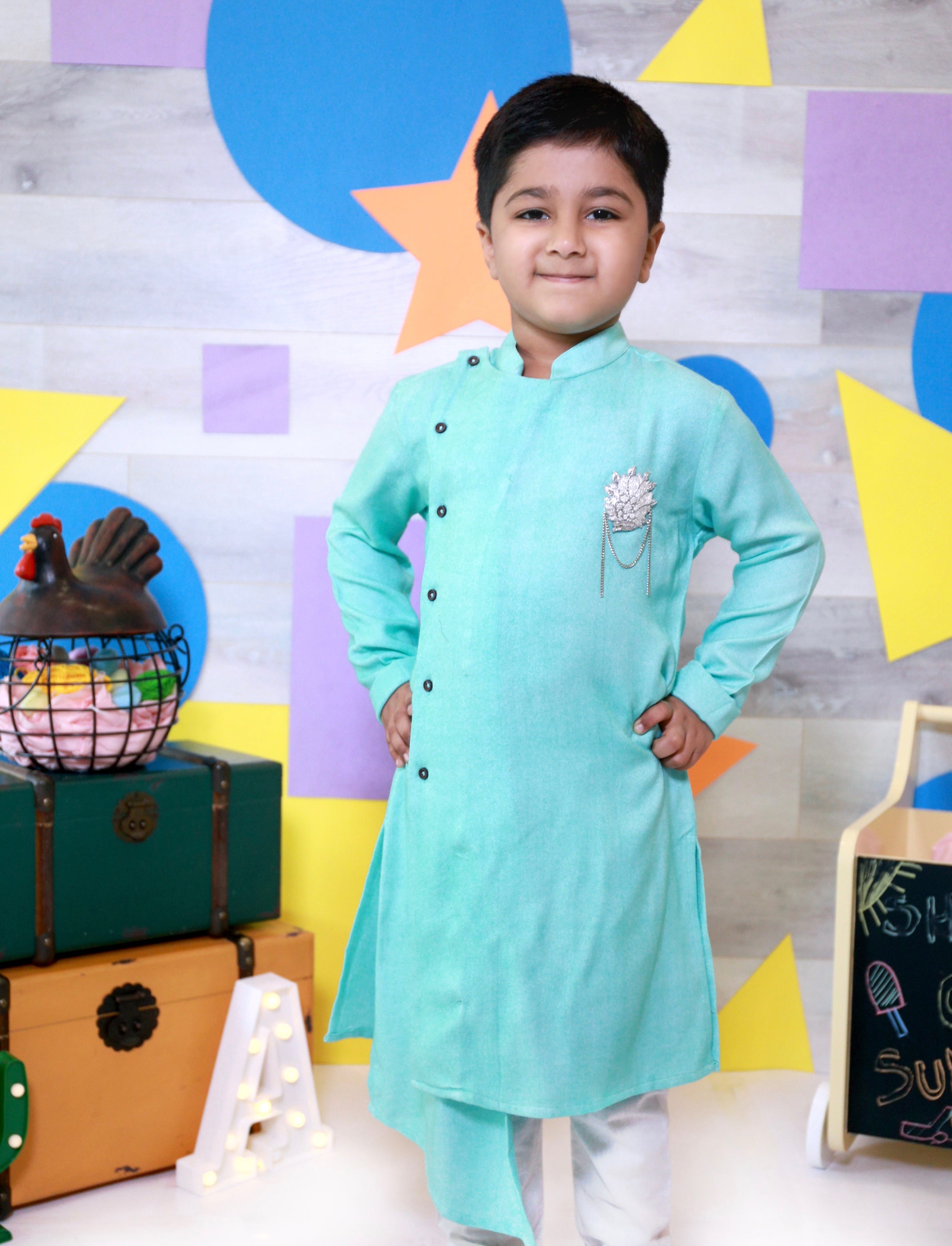 Mint Green Angrakha Kurta With Motiff On Chest And Off White Churidar