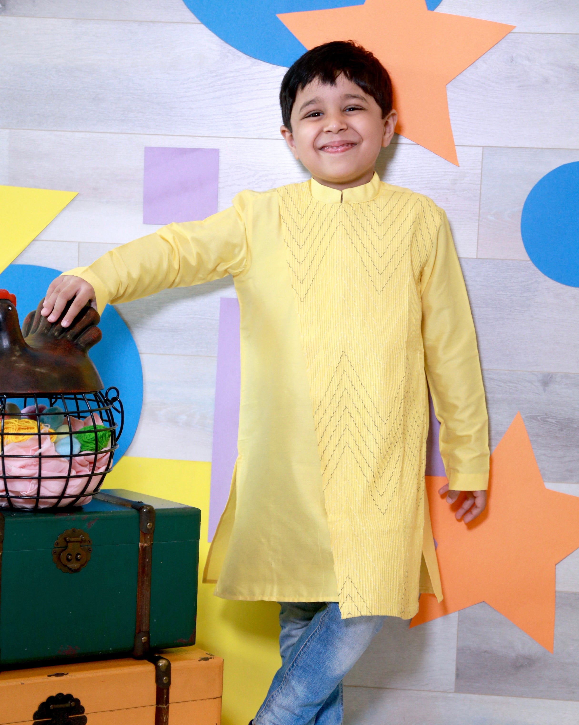 Yellow Cotton Silk Draped Kurta With Off White Churidar