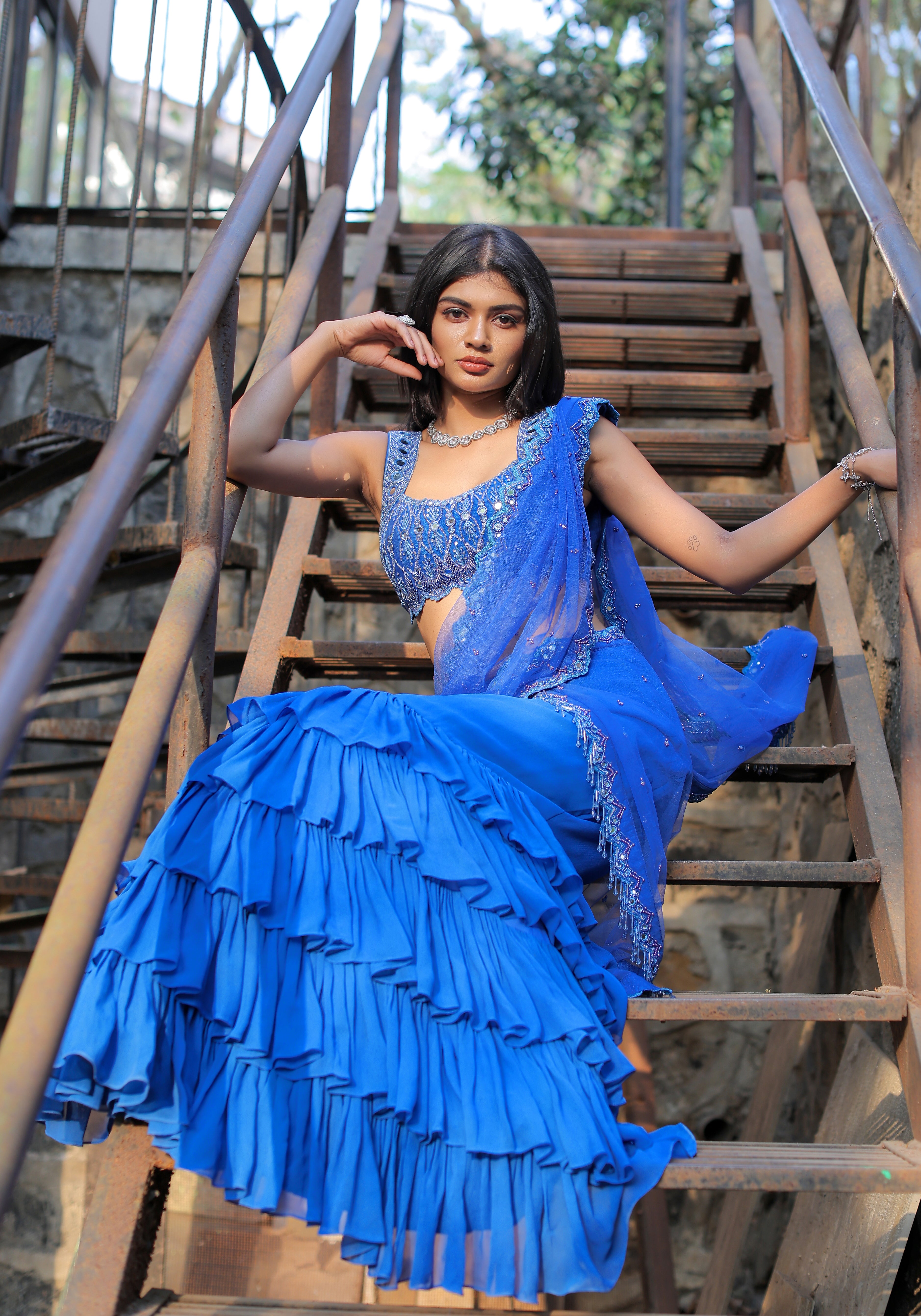 Blue Mirror Embroidered Ruffle Saree Set