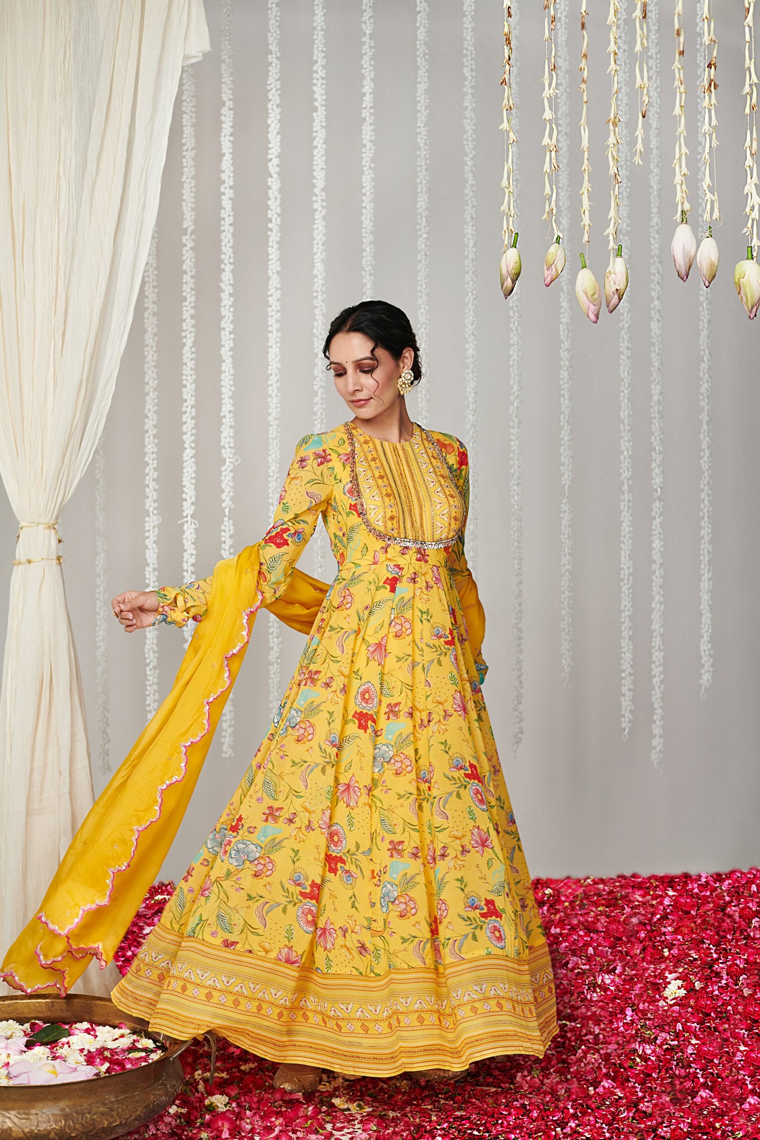 Bagicha yellow Anarkali set of 3