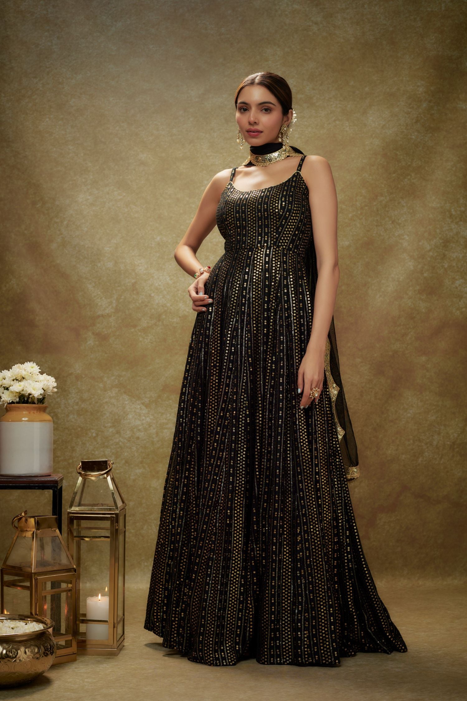 Iris Black & Gold Sequin Anarkali Gown