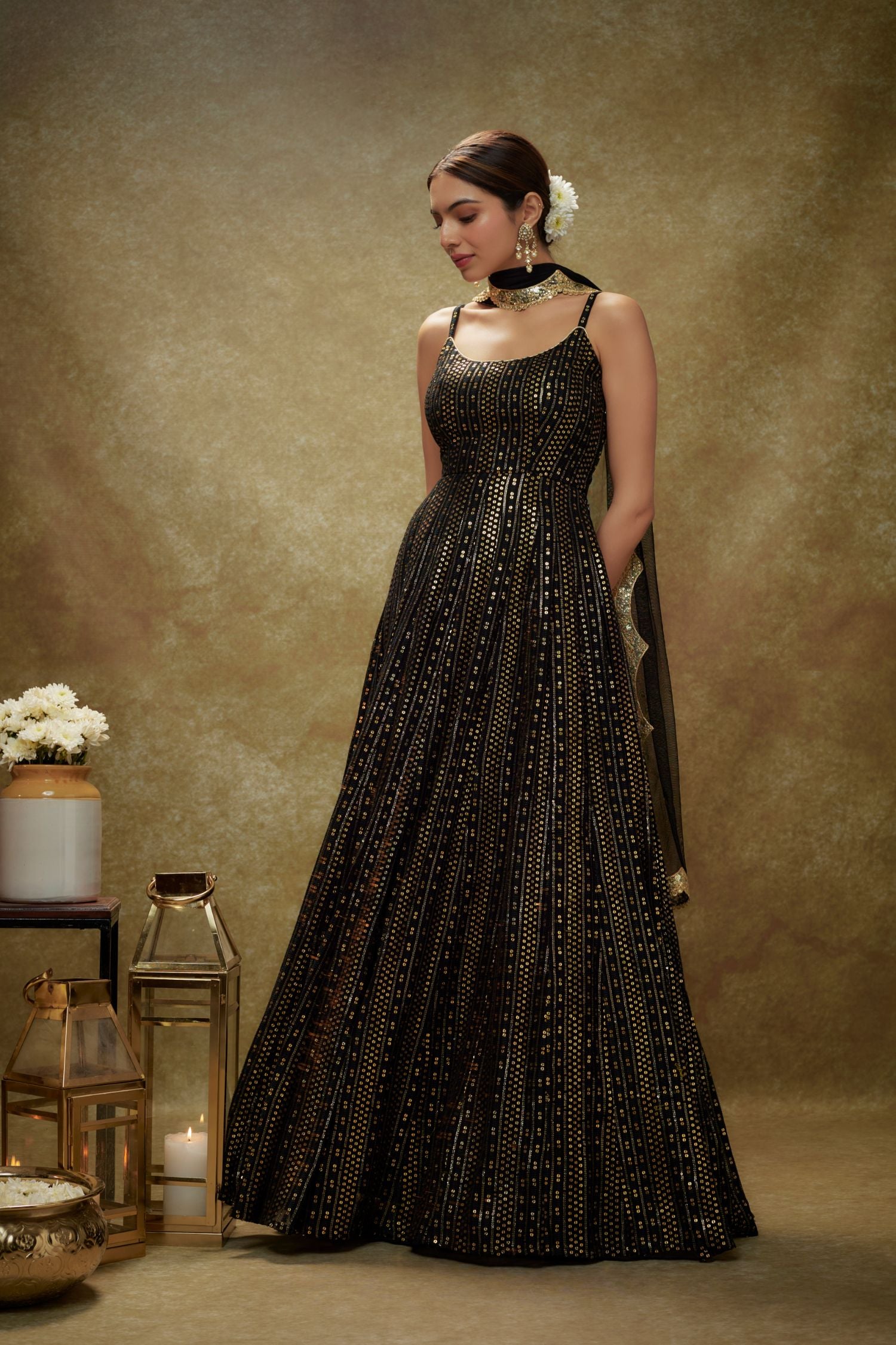 Iris Black & Gold Sequin Anarkali Gown