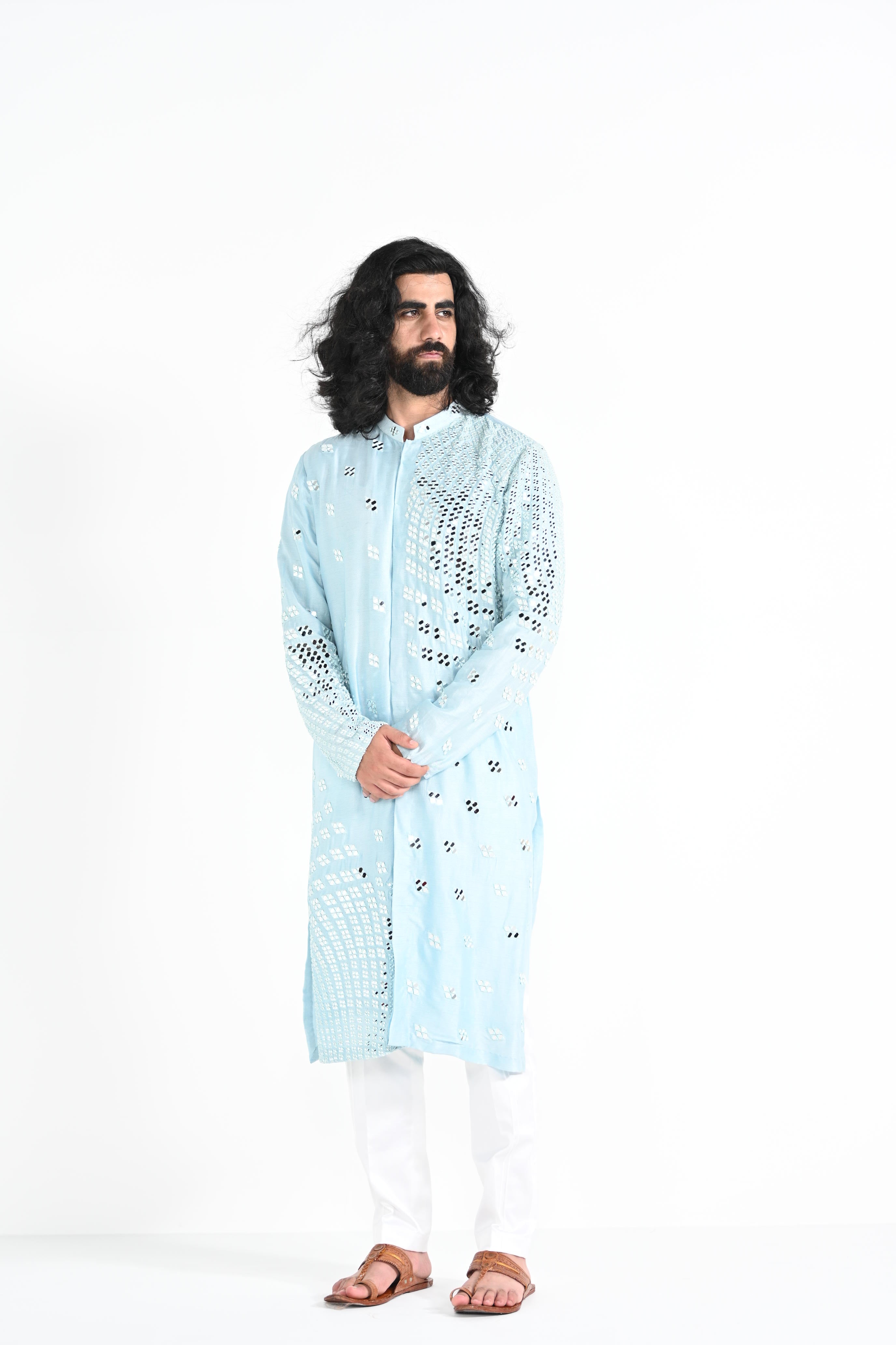 Radial Powder Blue Mirror Work Kurta Set