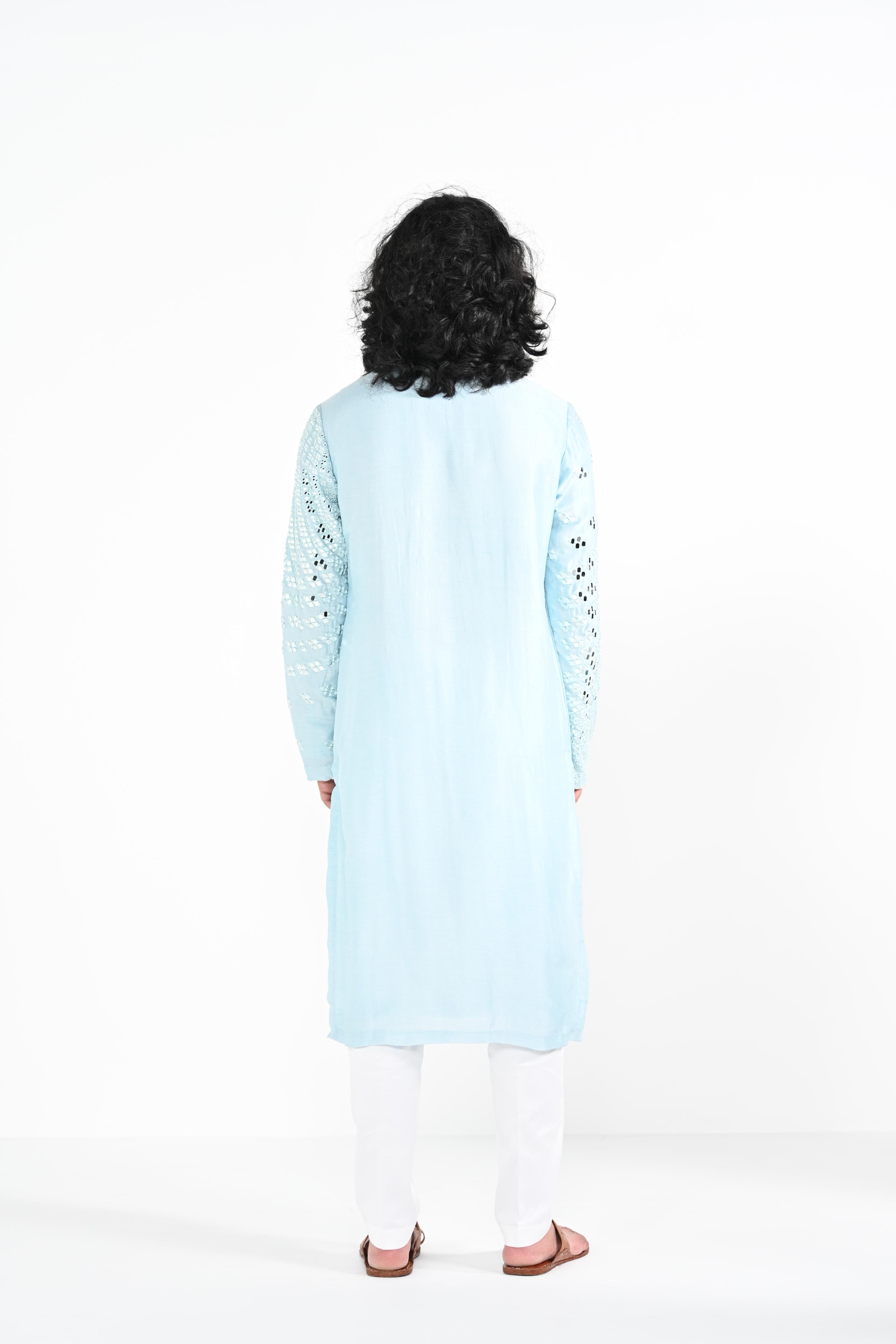 Radial Powder Blue Mirror Work Kurta Set