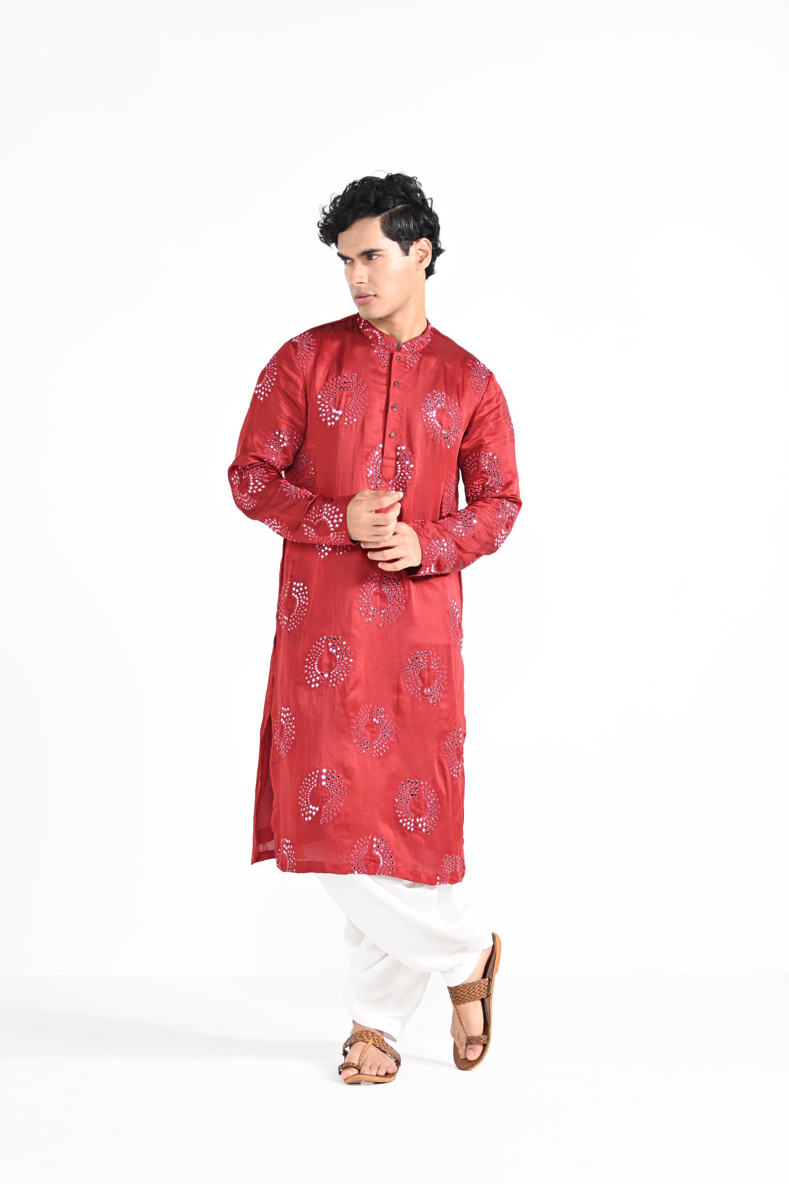 Tomato Red Circular Mirror Work Kurta Set