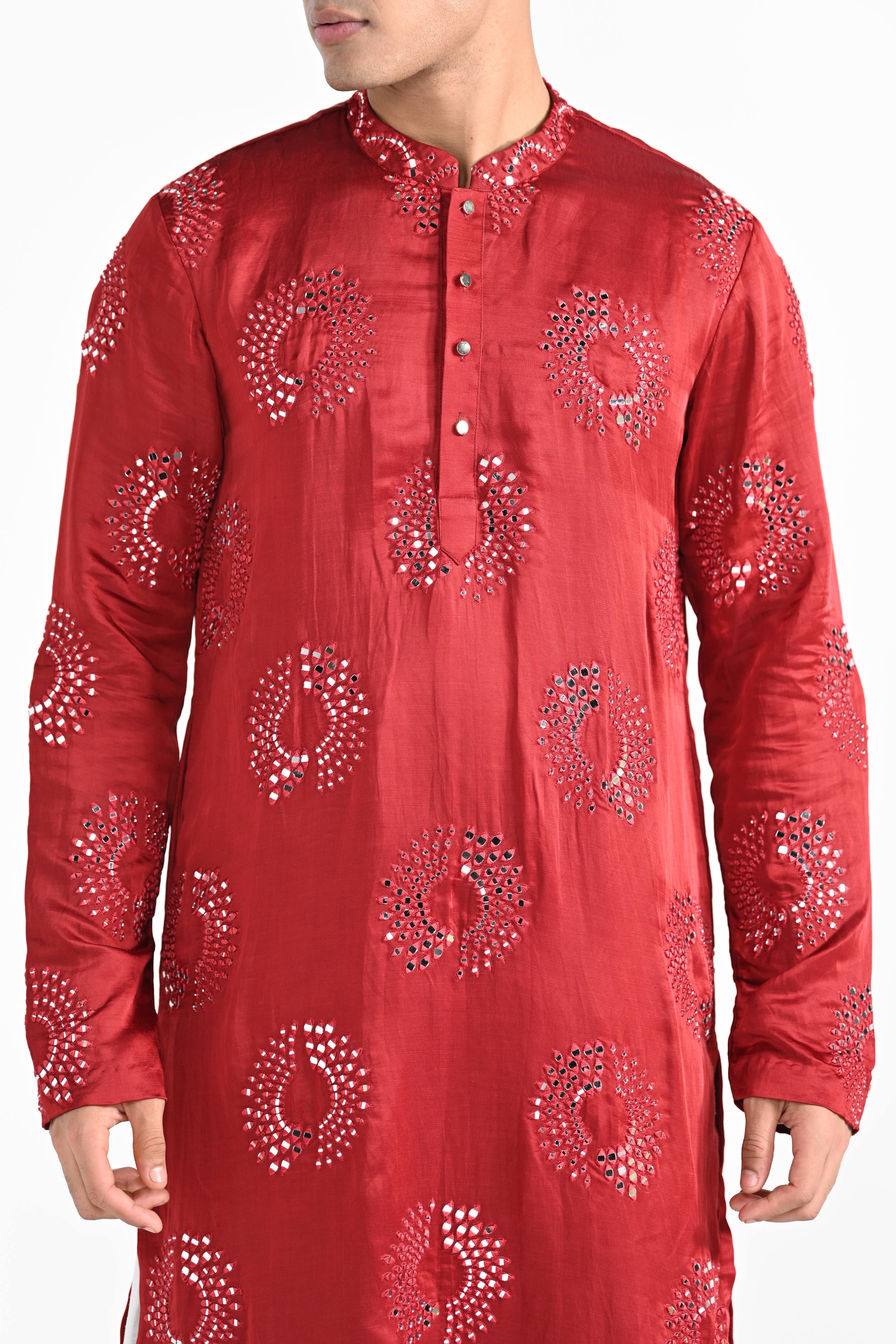 Tomato Red Circular Mirror Work Kurta Set