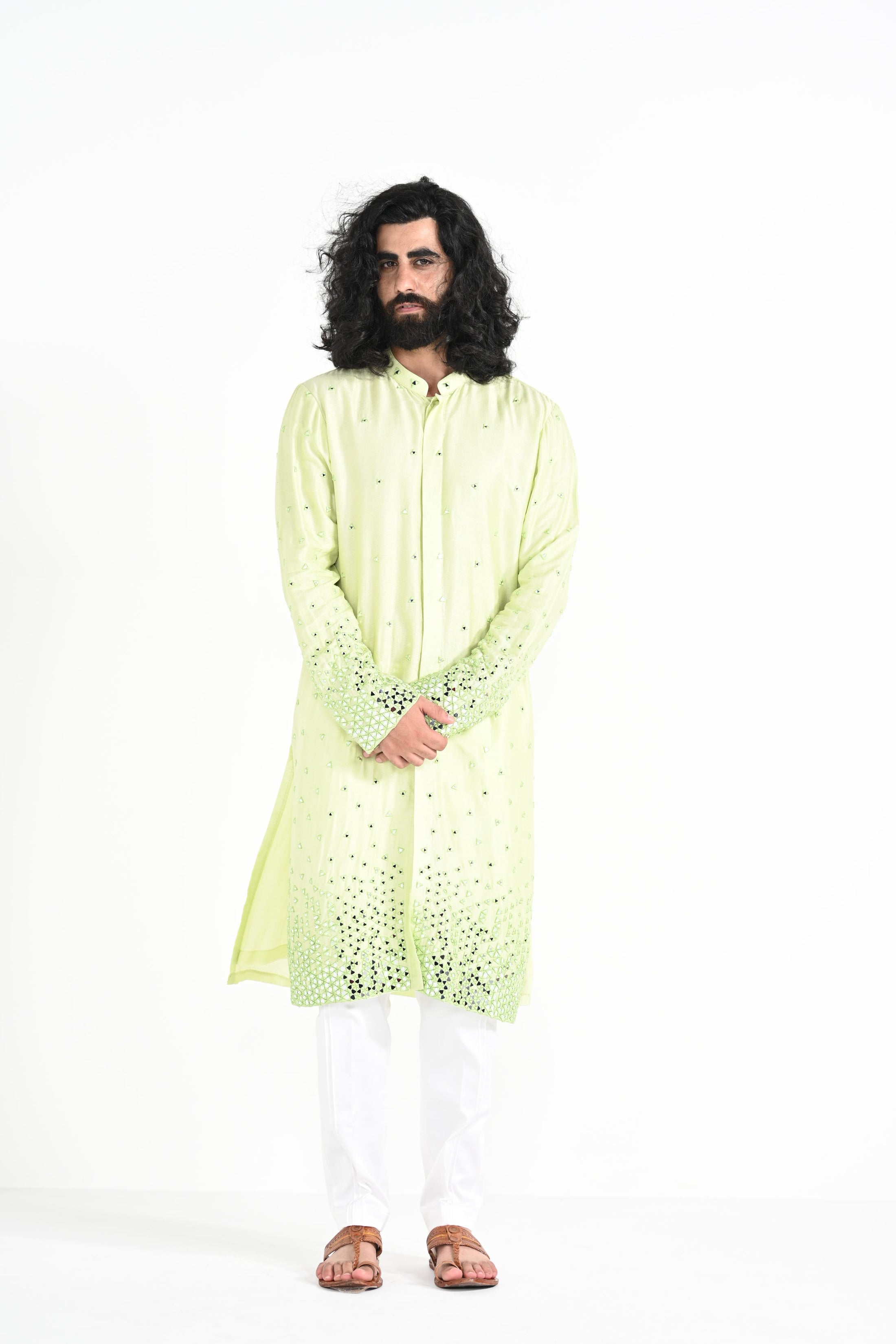 Lime Green Mirror Work Kurta Set