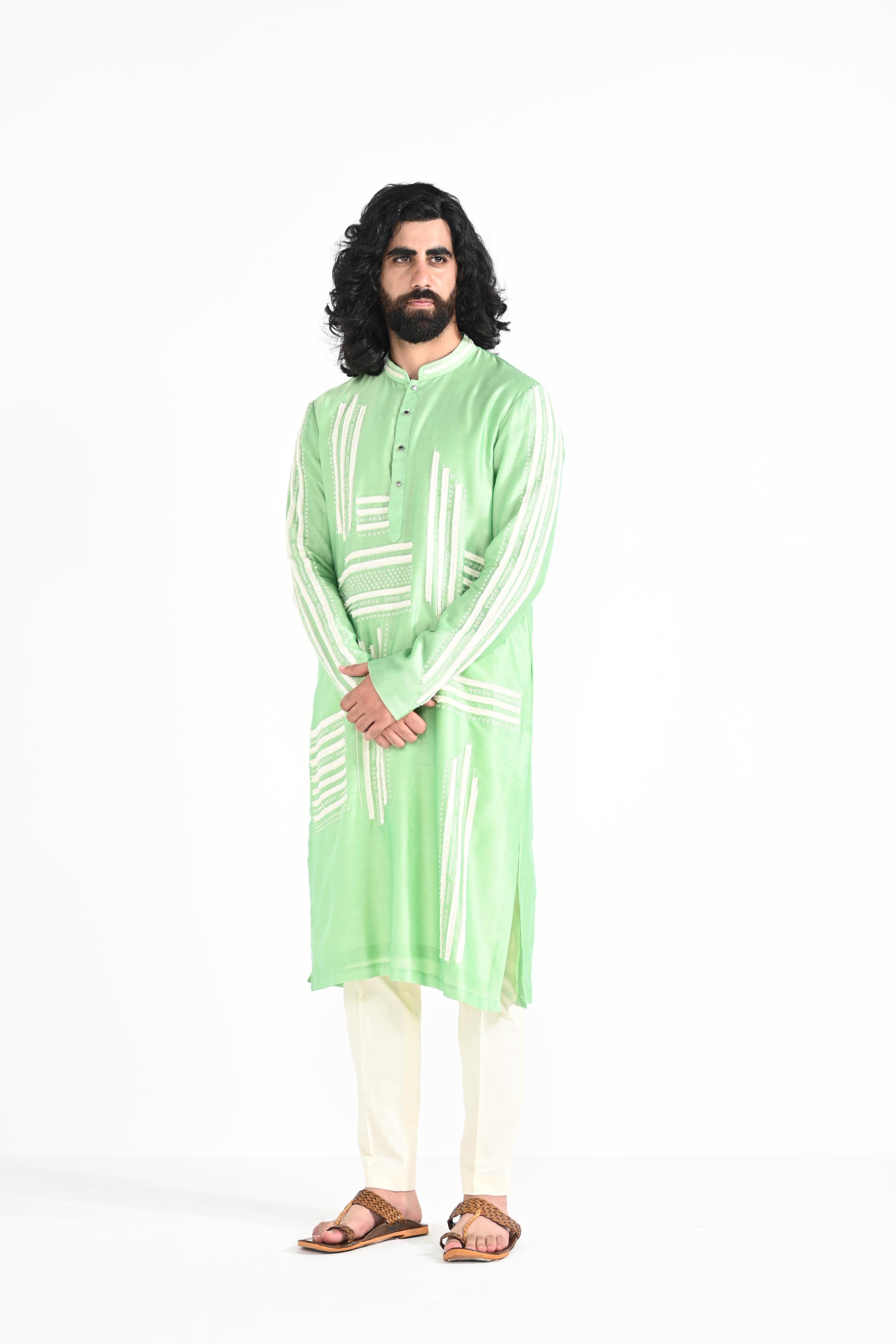 Light Pea Green Hand Emboidered Work Kurta Set