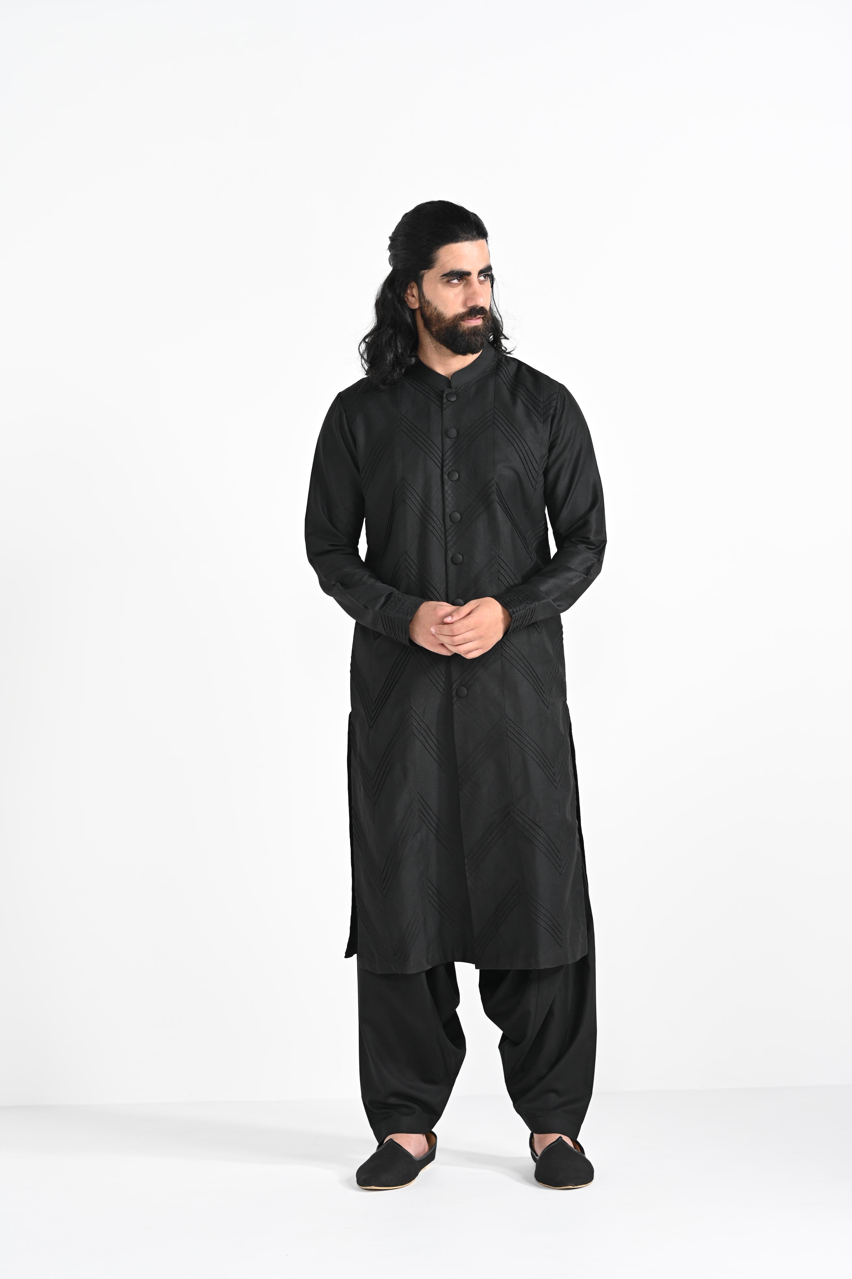 Black Pintucks Kurta Set