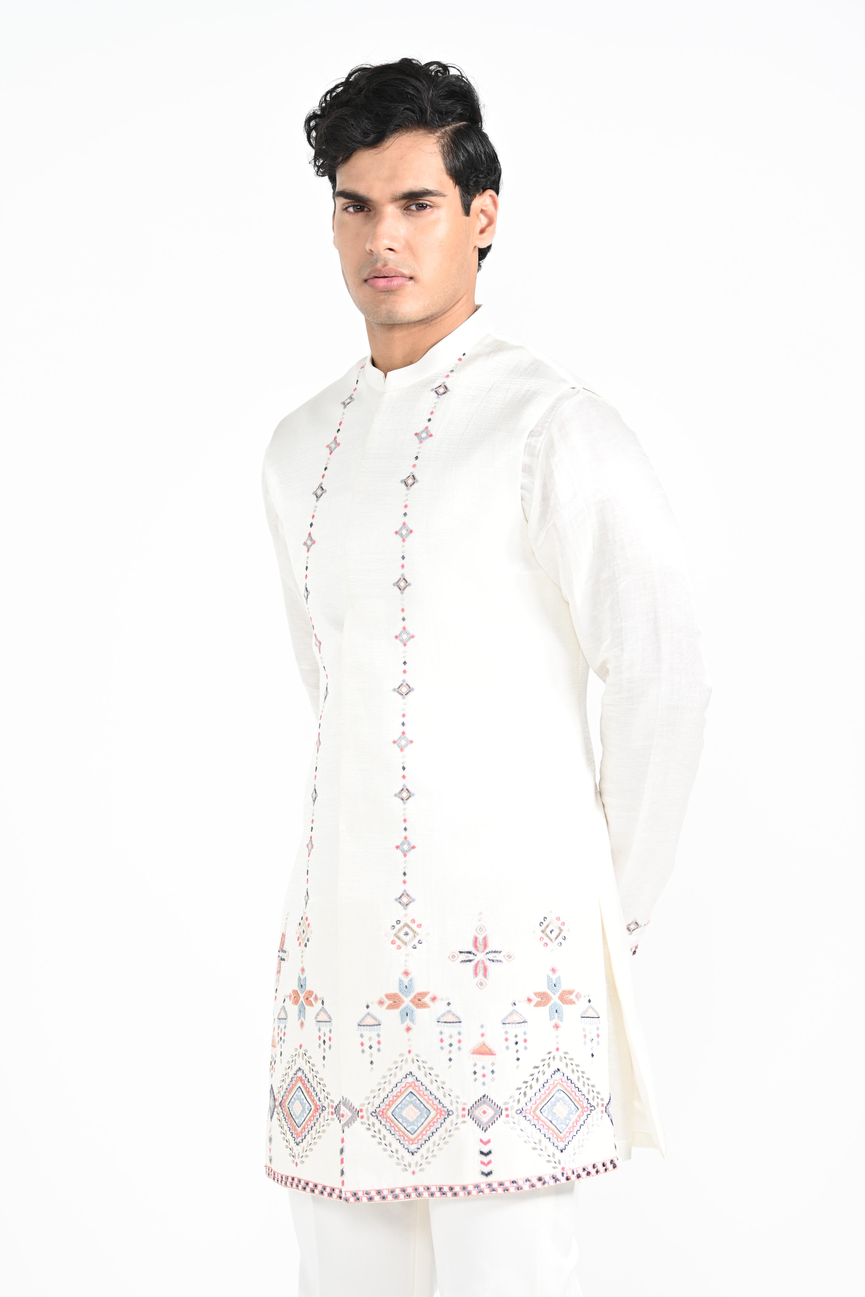 Ivory Phulkari Inspired Nehru With Kurta Set