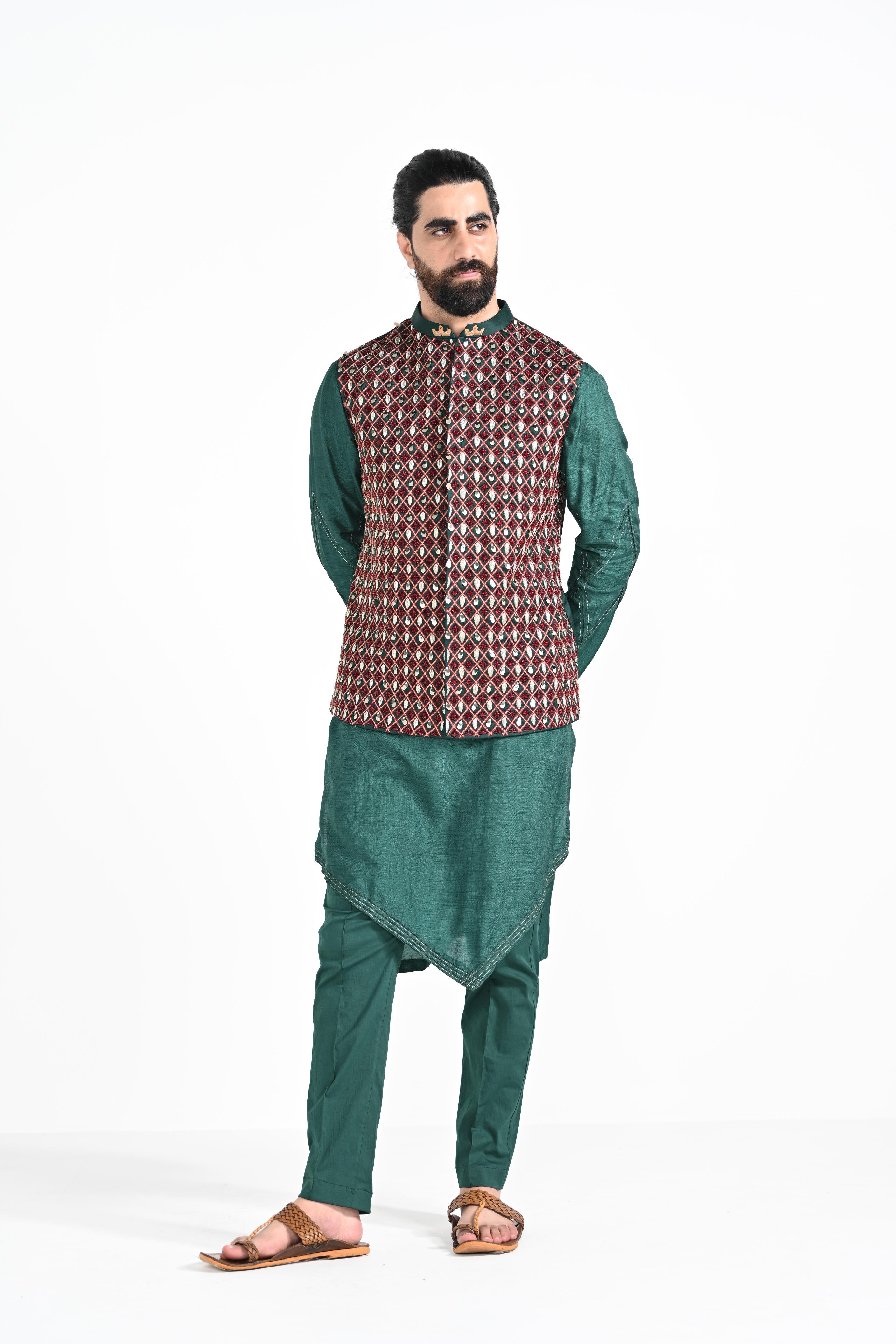 Jaal Work Nehru With Zari Stitchline Detail Kurta Set