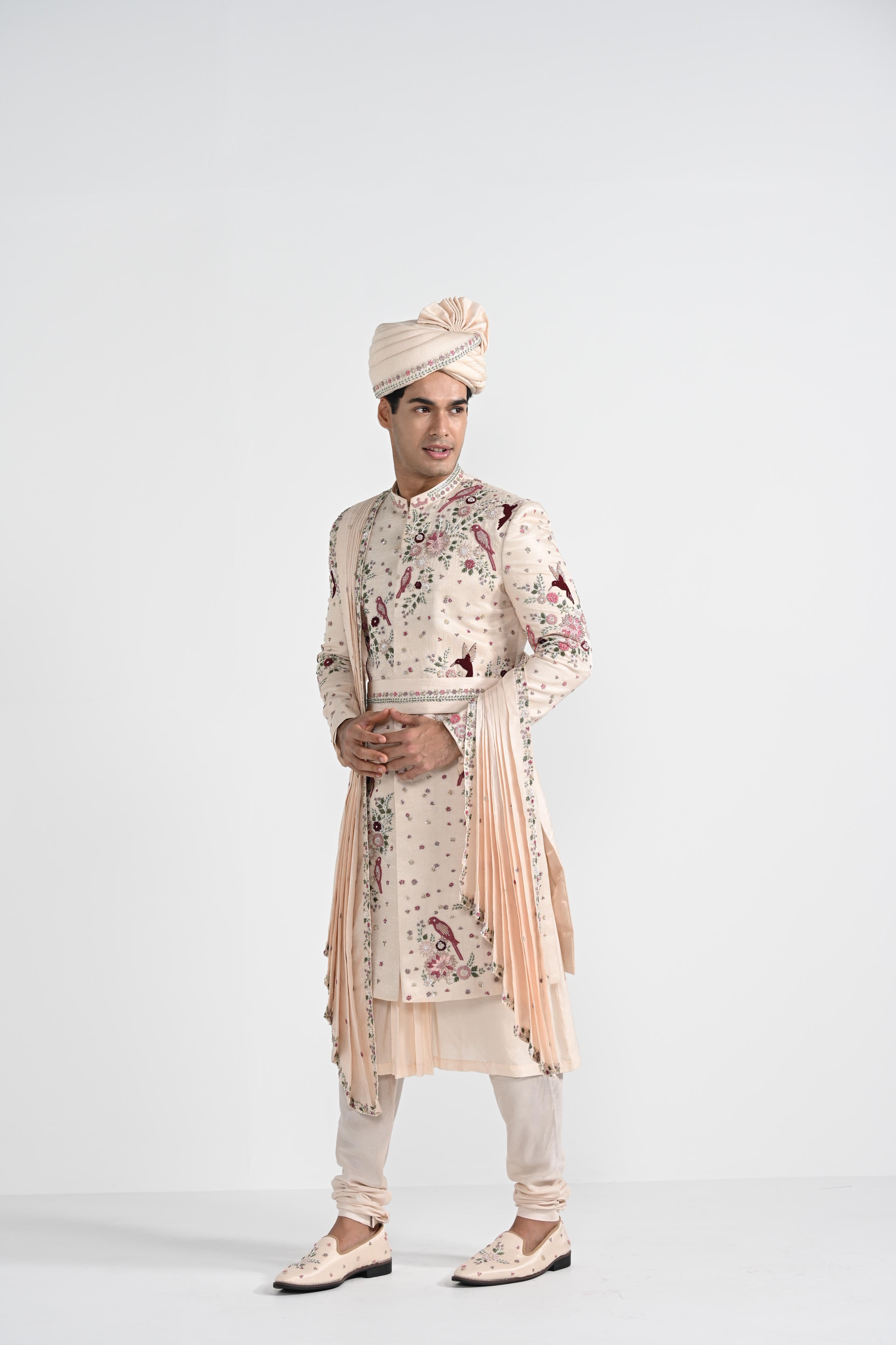 Pastel Pink Floral Work Sherwani Set