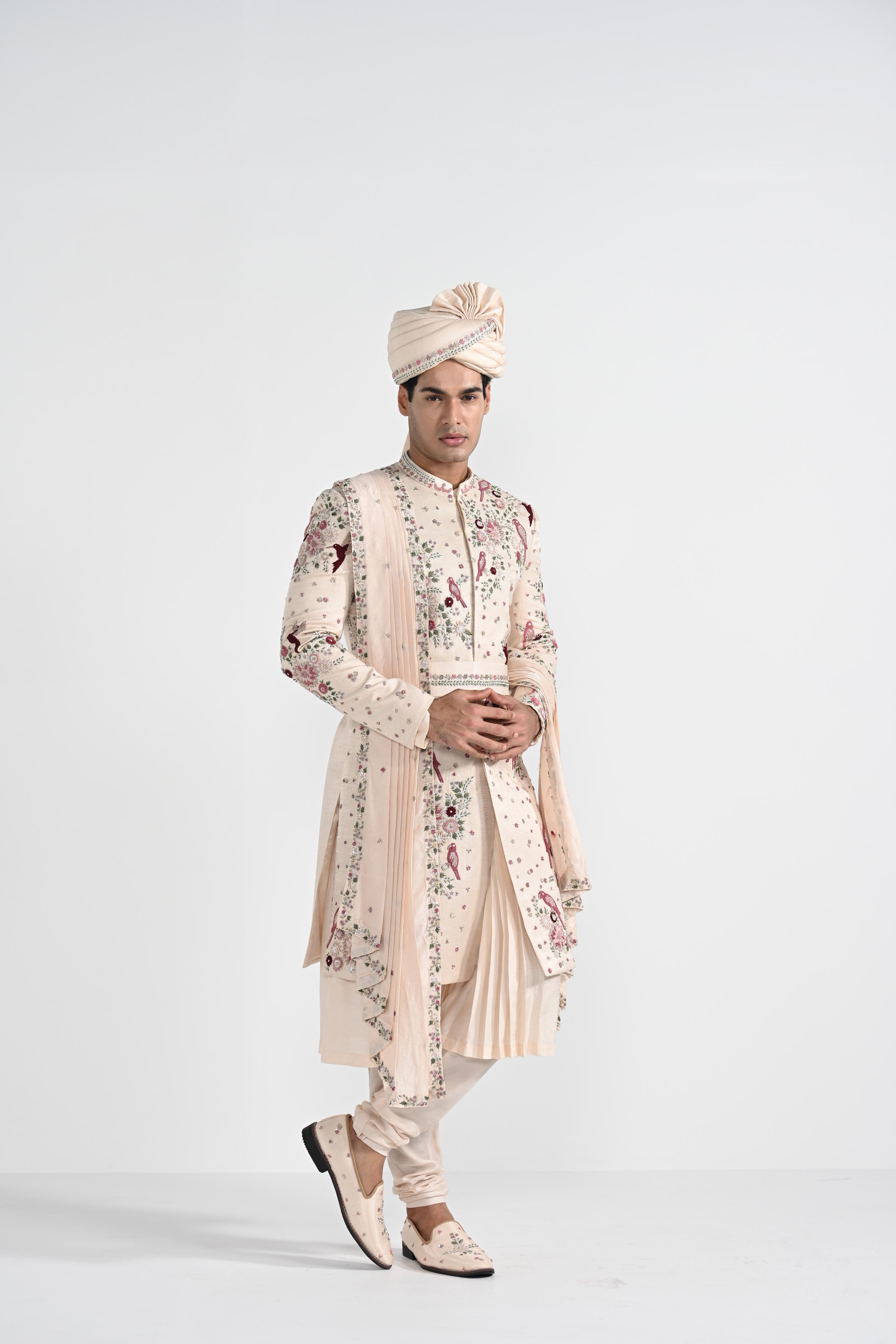 Pastel Pink Floral Work Sherwani Set