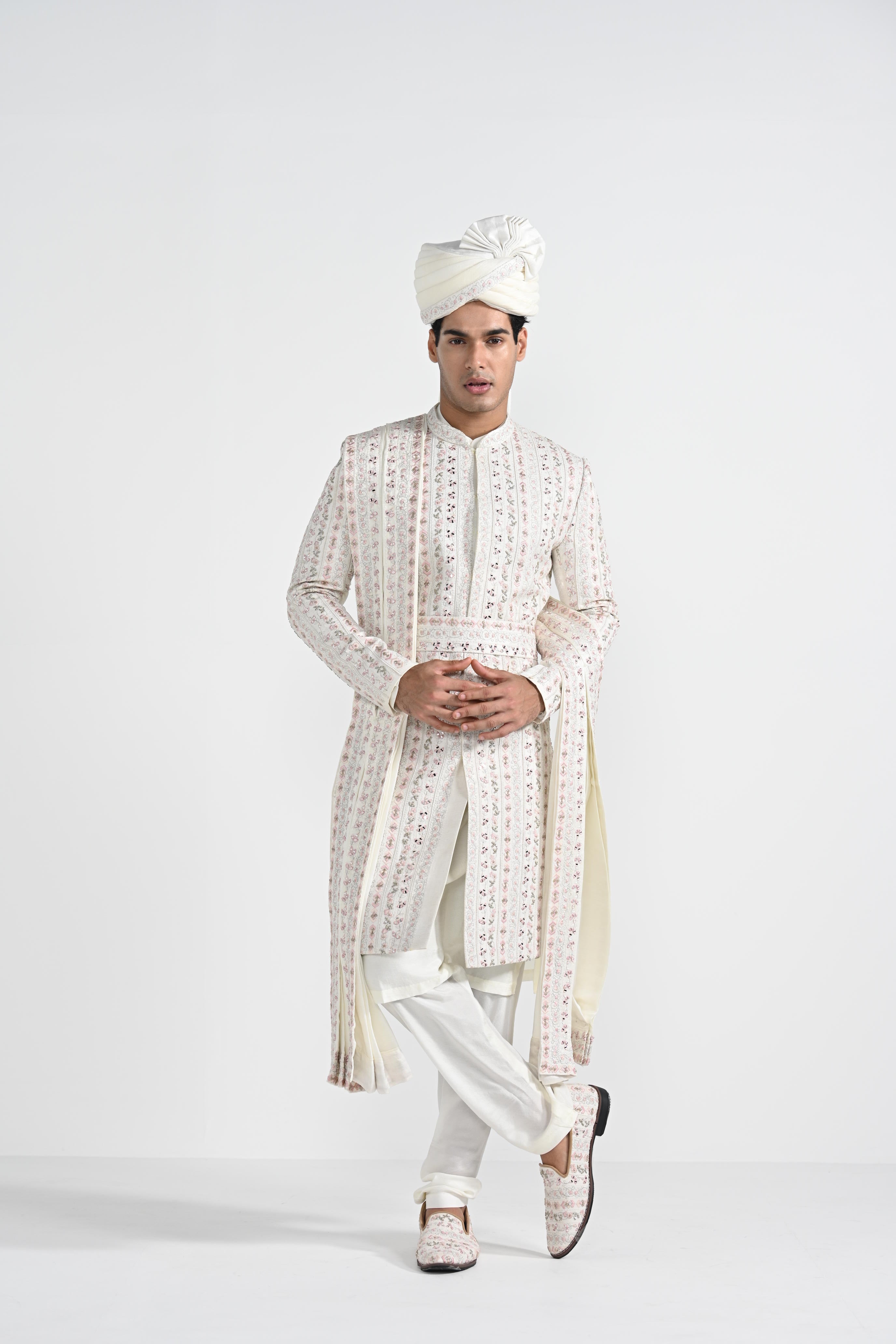 White,Heavy Mirror Work Sherwani Sets