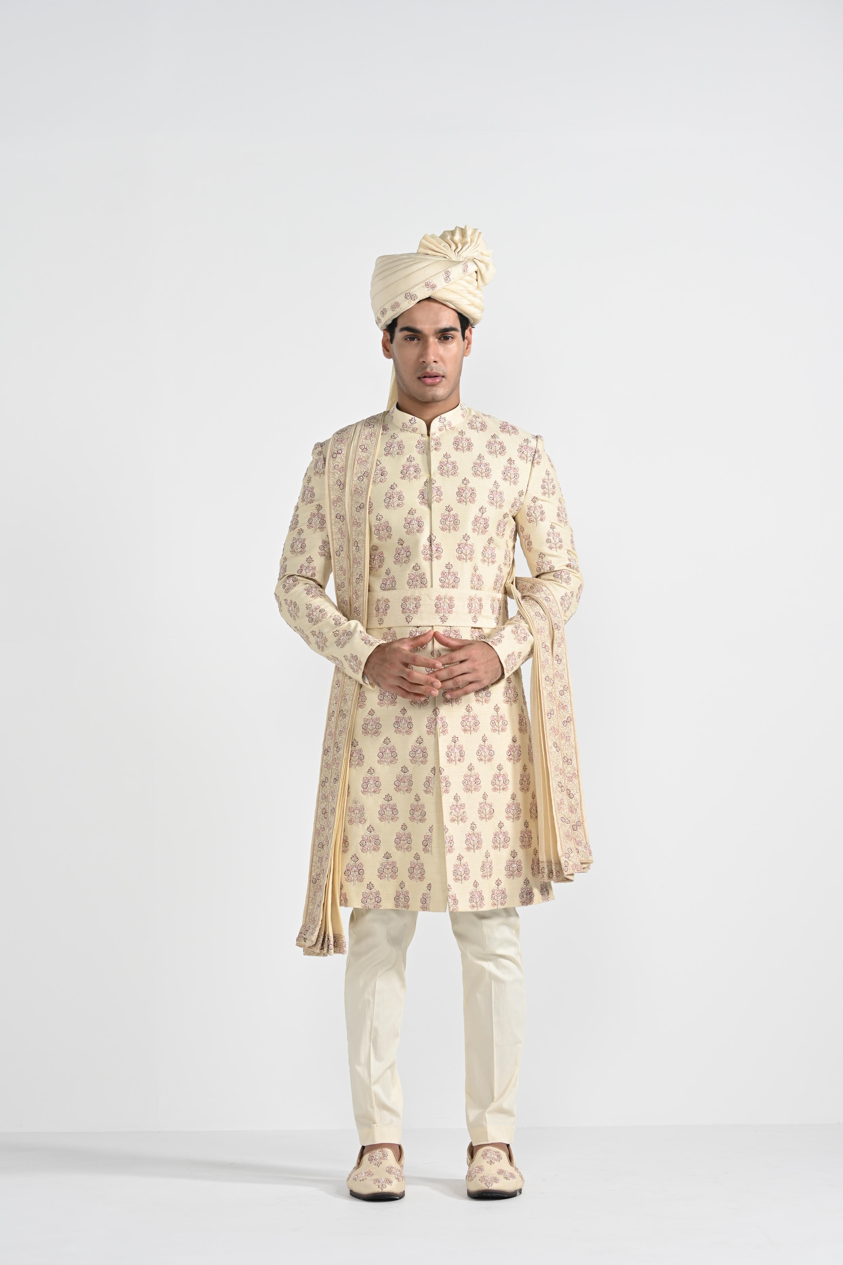 Dark Cream Butta Work Sherwani Set