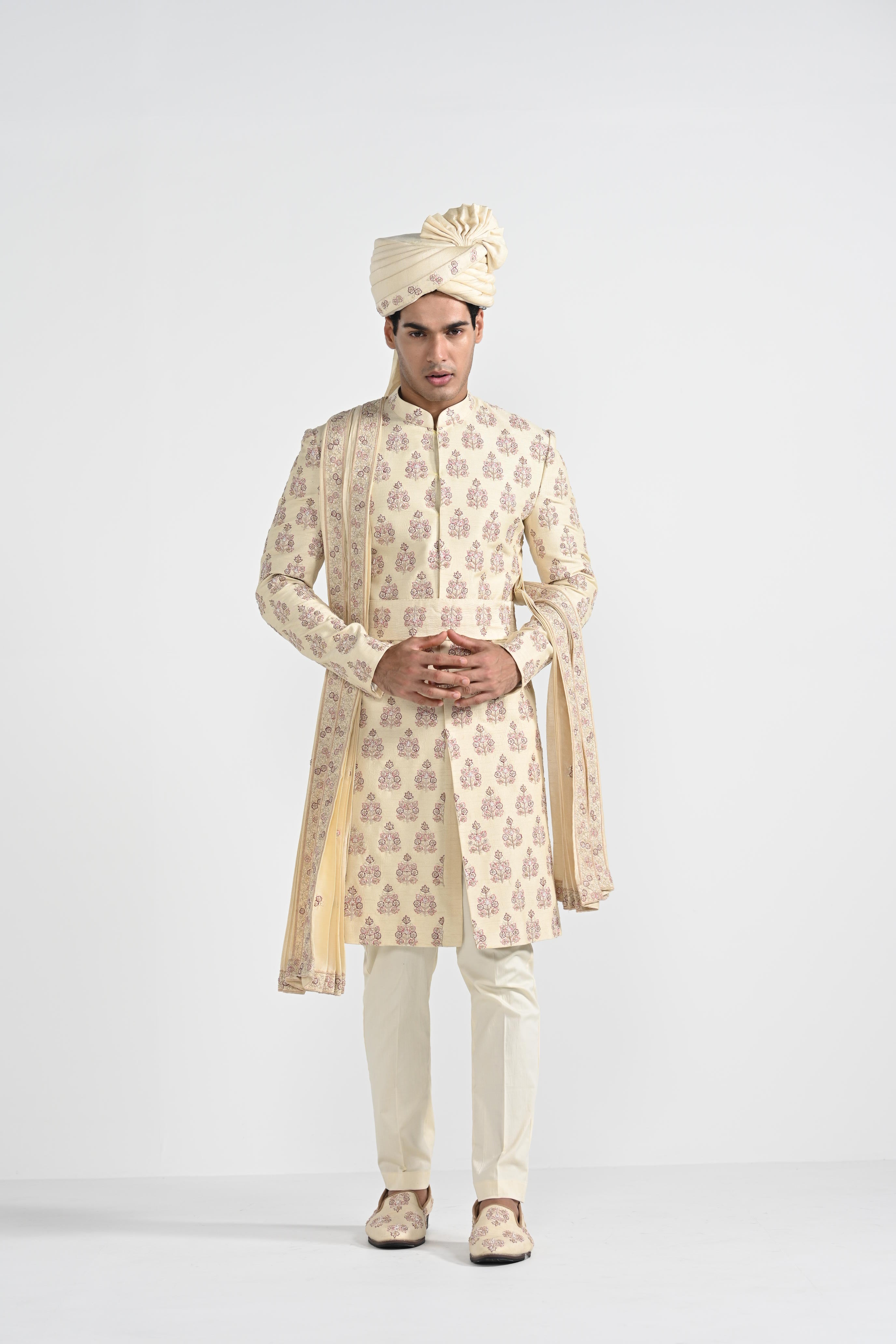 Dark Cream Butta Work Sherwani Set