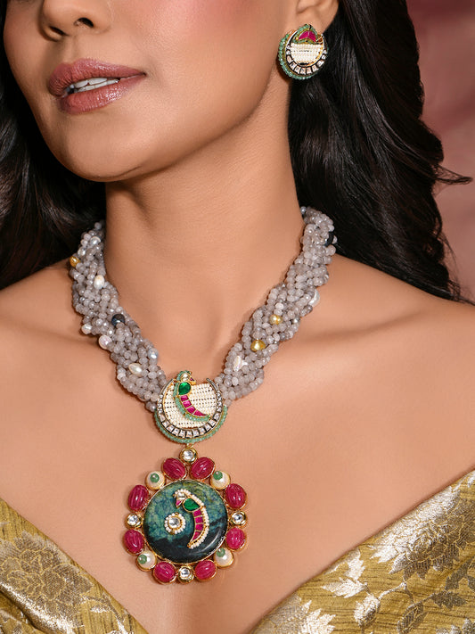 Ornate Multi-Colour Necklace With Earrings