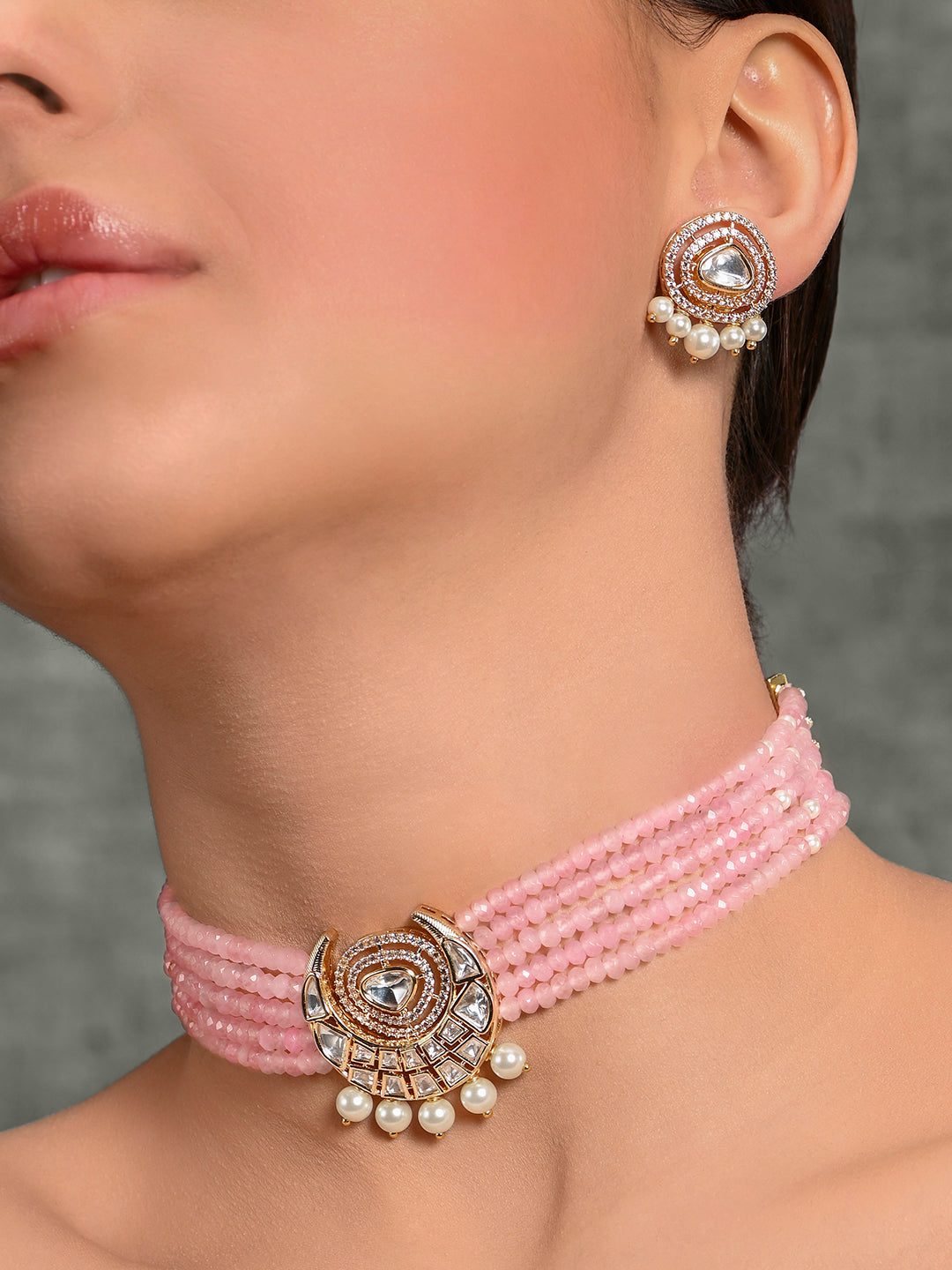 Scintillating Pink Beaded Choker With Earrings