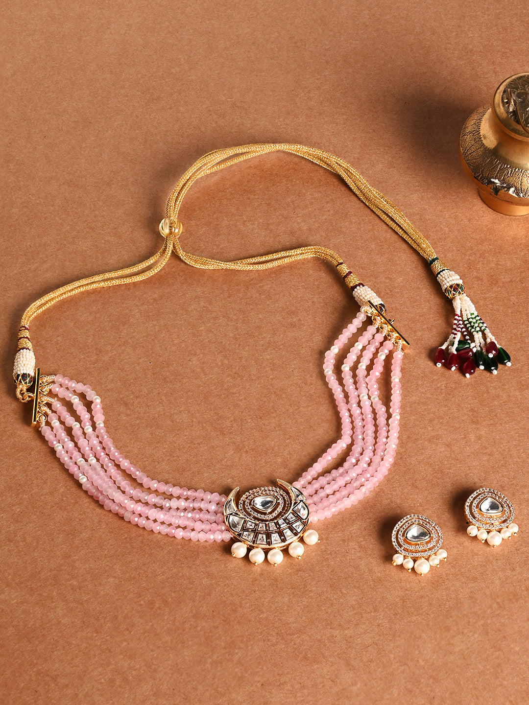 Scintillating Pink Beaded Choker With Earrings