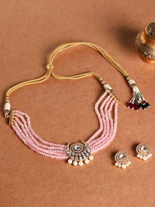 Scintillating Pink Beaded Choker With Earrings