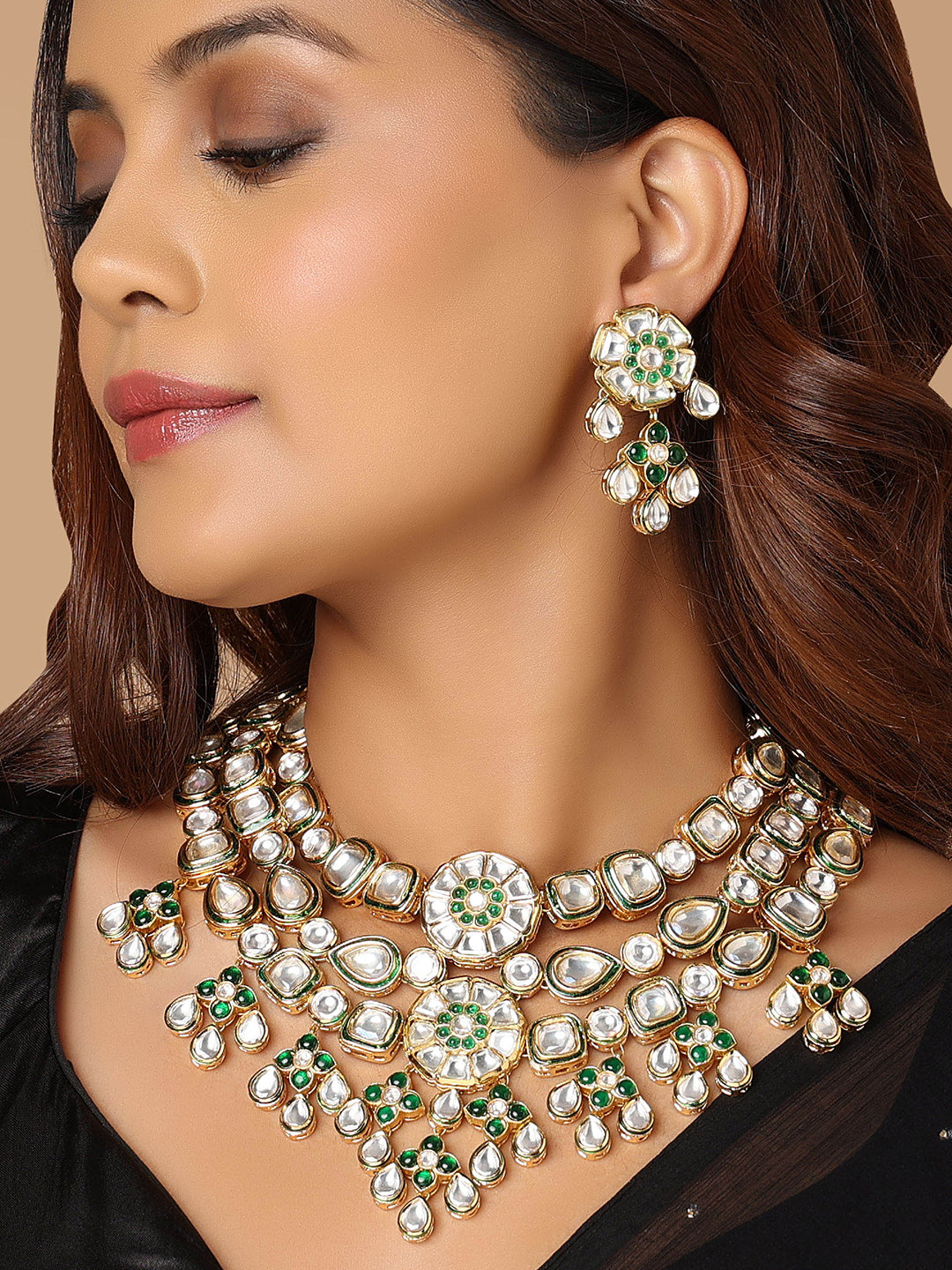 Kundan Polki Bridal Necklace set In Gold And Green Tone