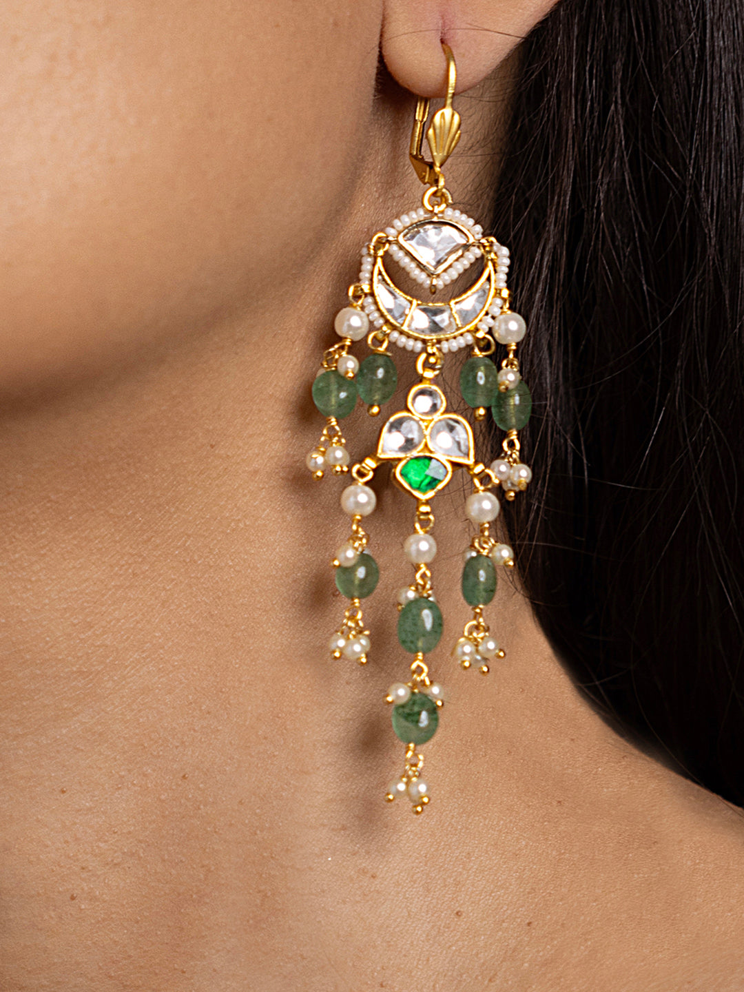 Green Kundan Dangler Earrings