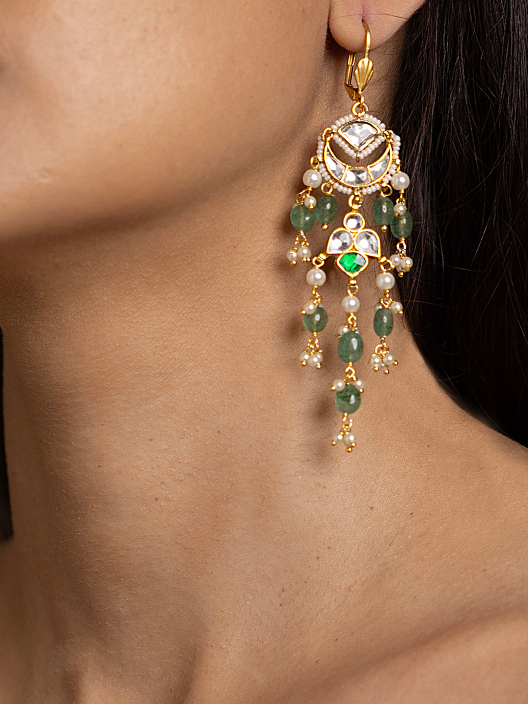 Green Kundan Dangler Earrings