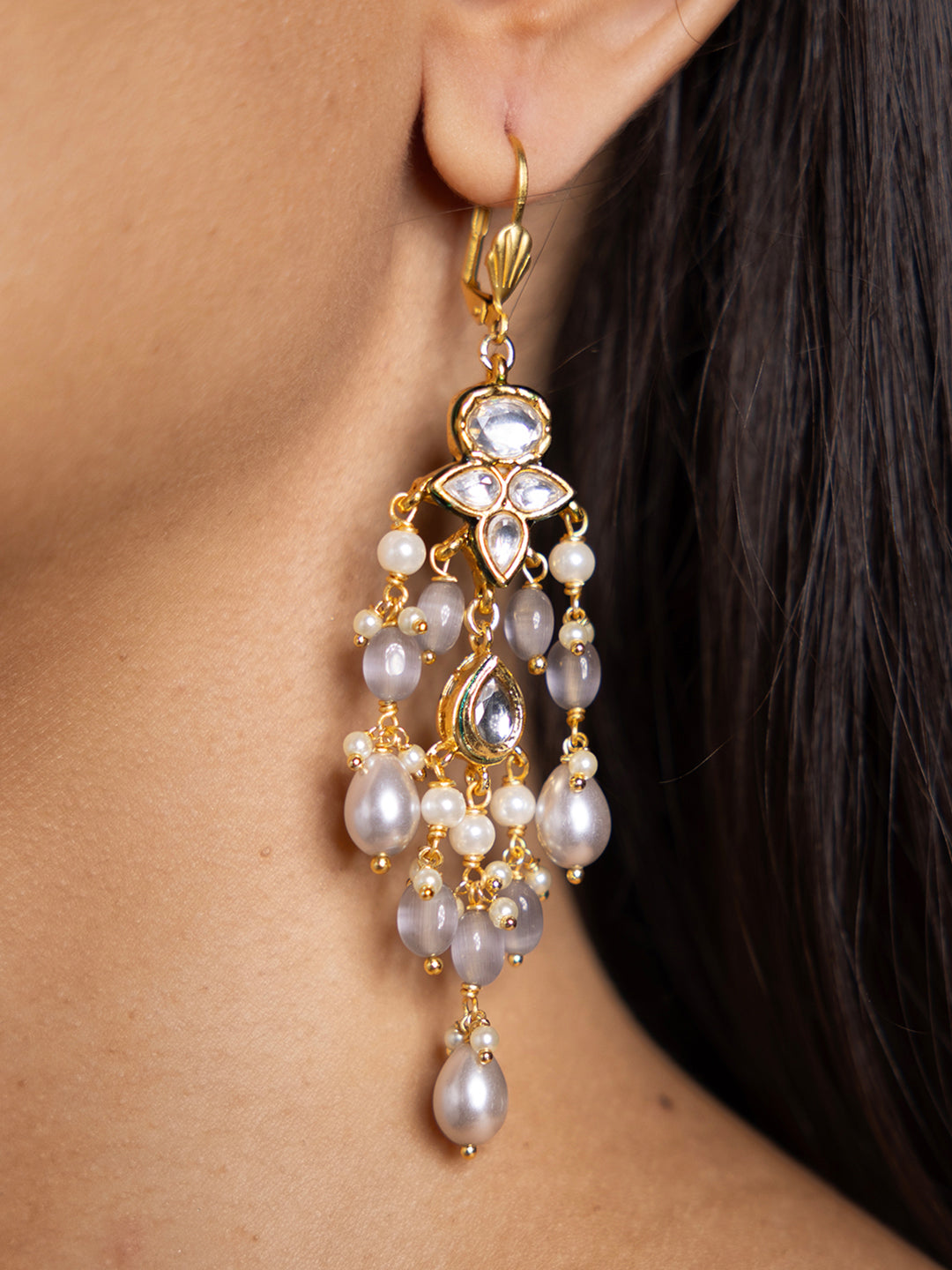 White Grey Kundan Dangler Earrings