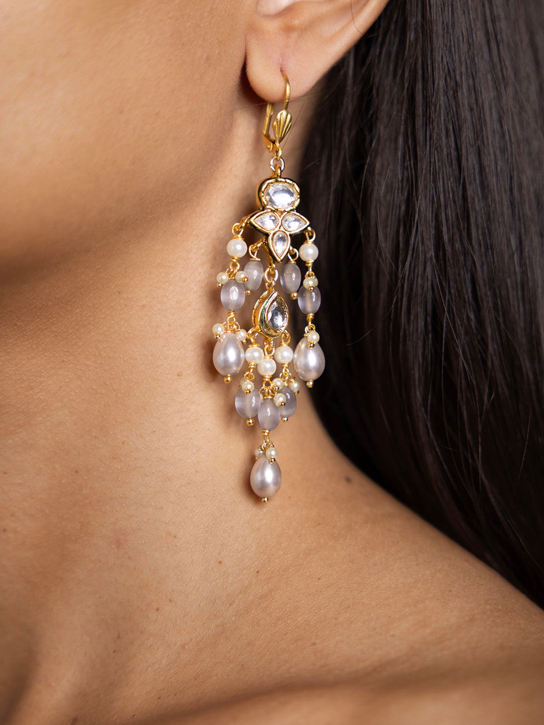 White Grey Kundan Dangler Earrings