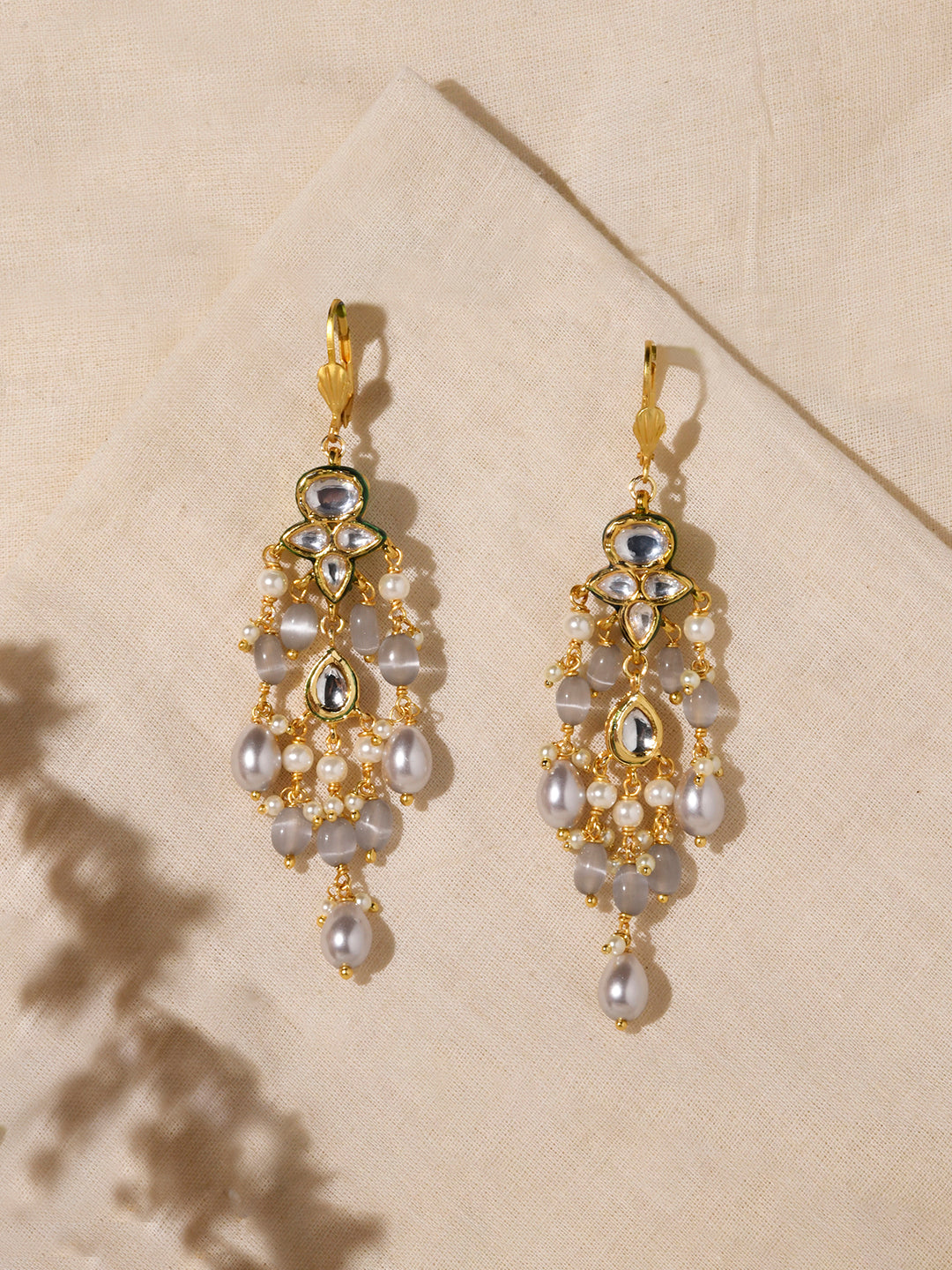 White Grey Kundan Dangler Earrings