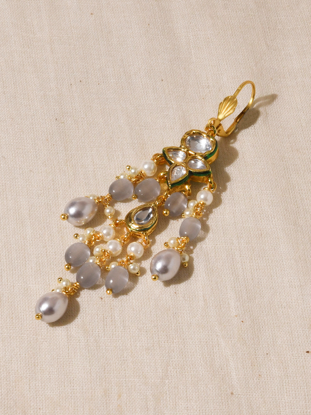 White Grey Kundan Dangler Earrings