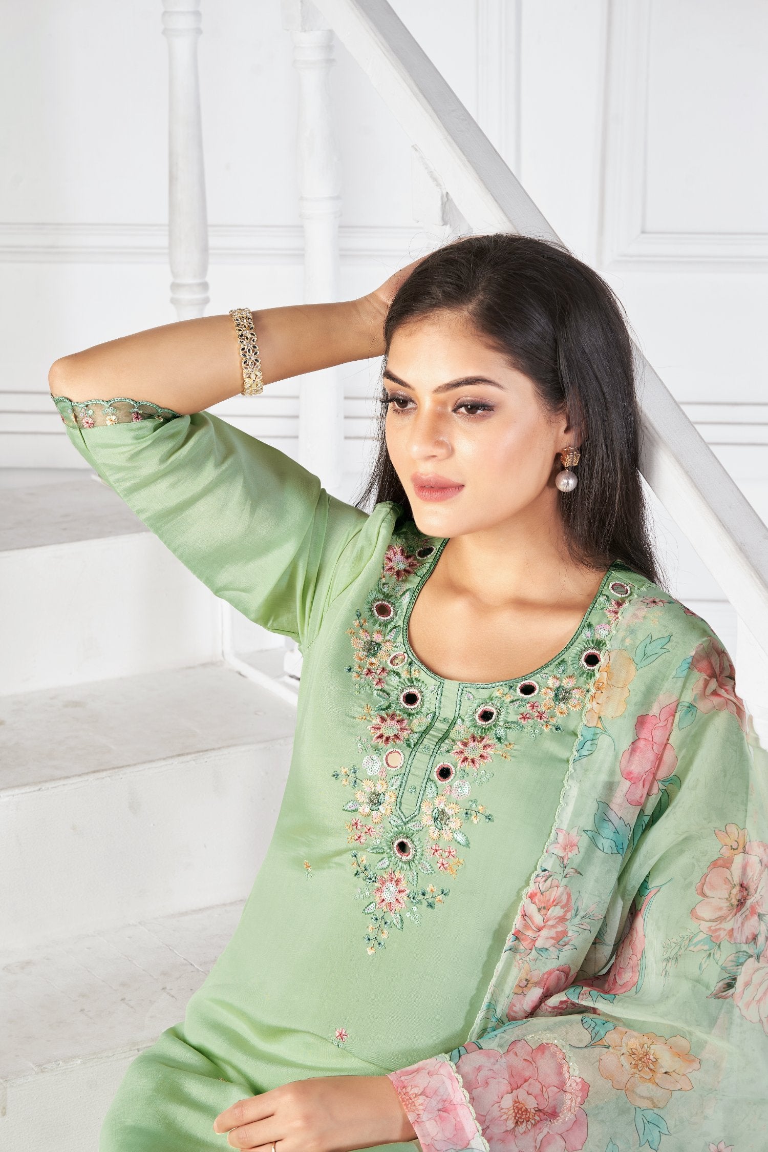 Pista Dream Romon Silk Kurta set with delicate embroidery