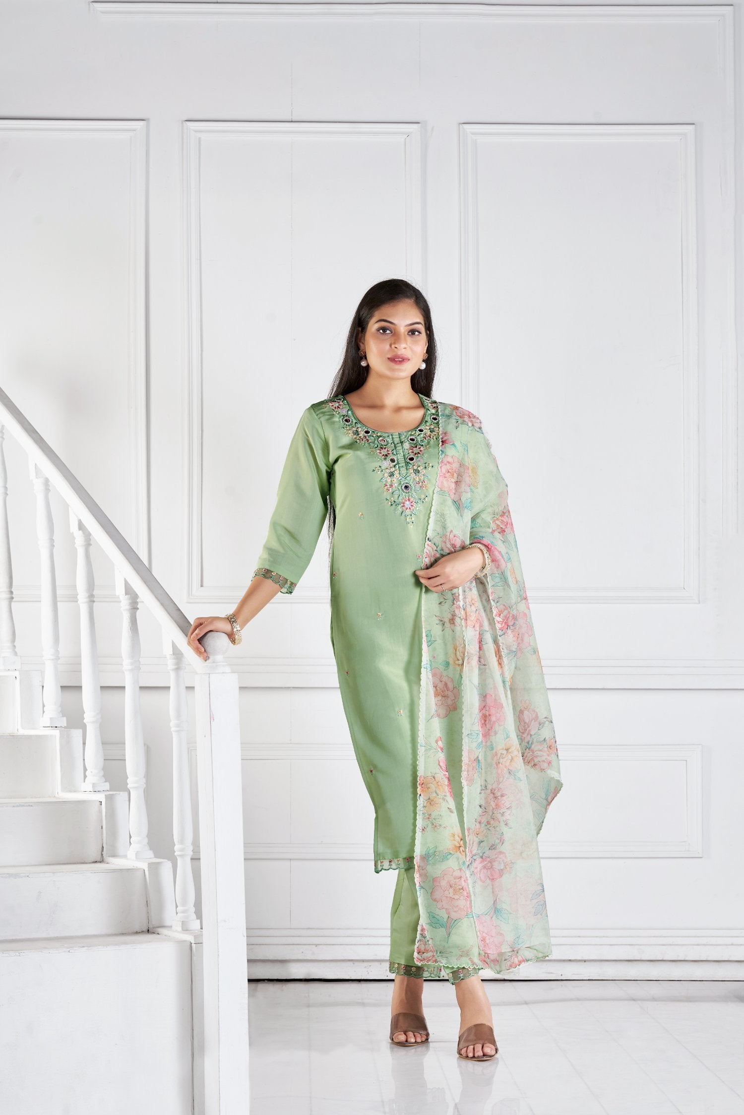 Pista Dream Romon Silk Kurta set with delicate embroidery