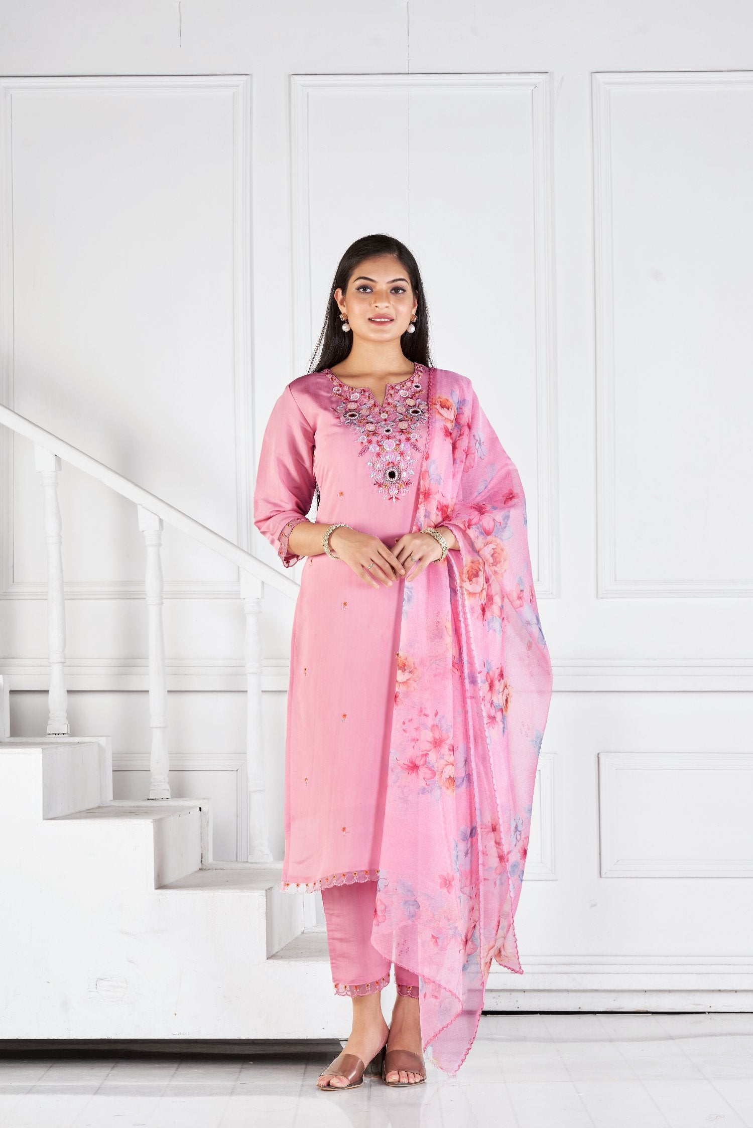 Pink Petal Romon Silk Kurta set with delicate embroidery