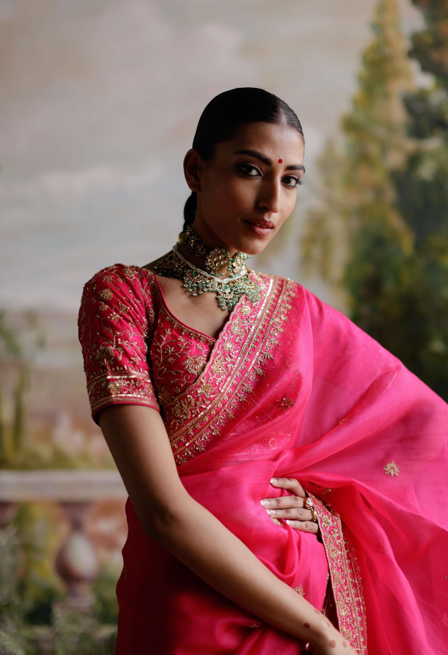 Hot Pink Organza Saree Set