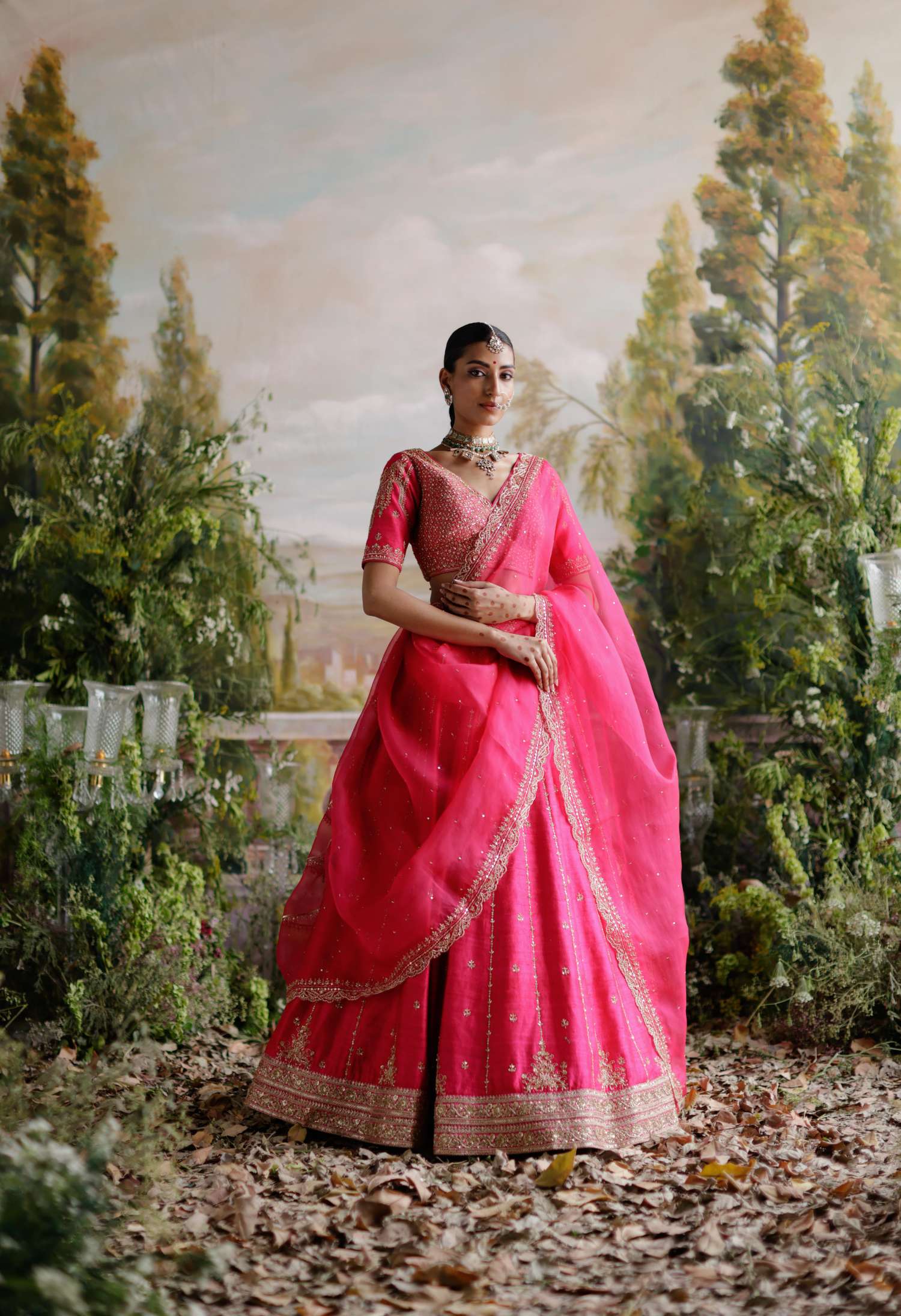 Hot pink raw silk lehenga set