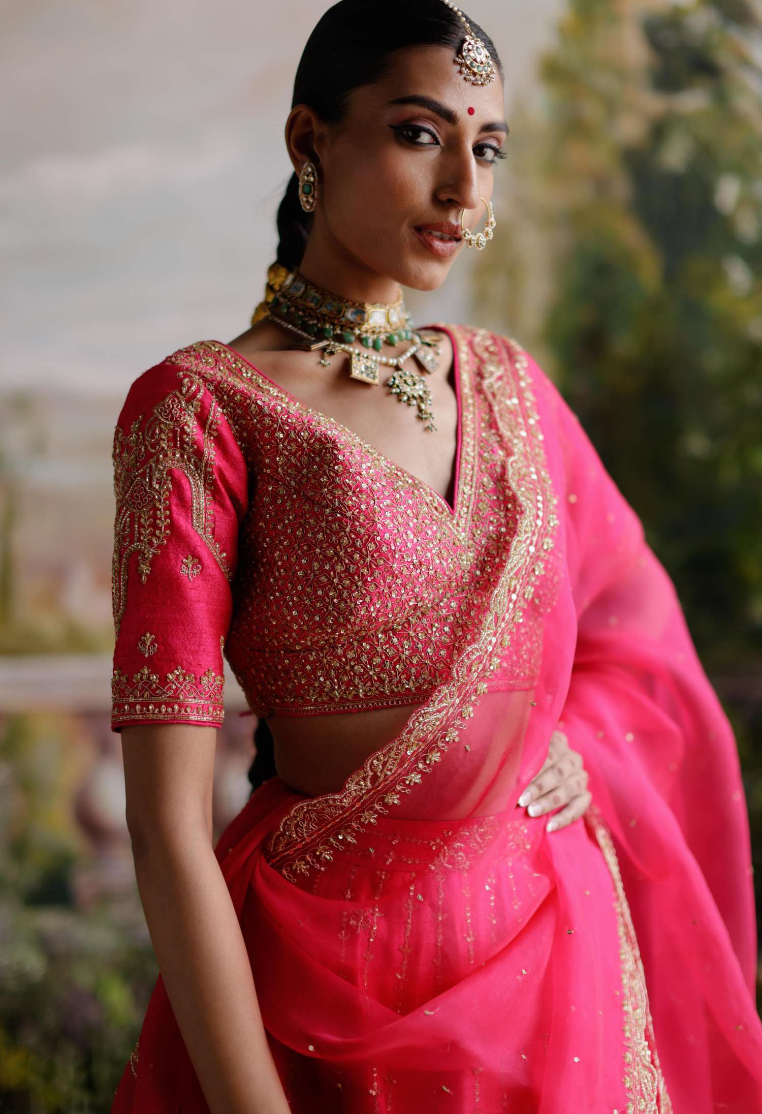 Hot pink raw silk lehenga set