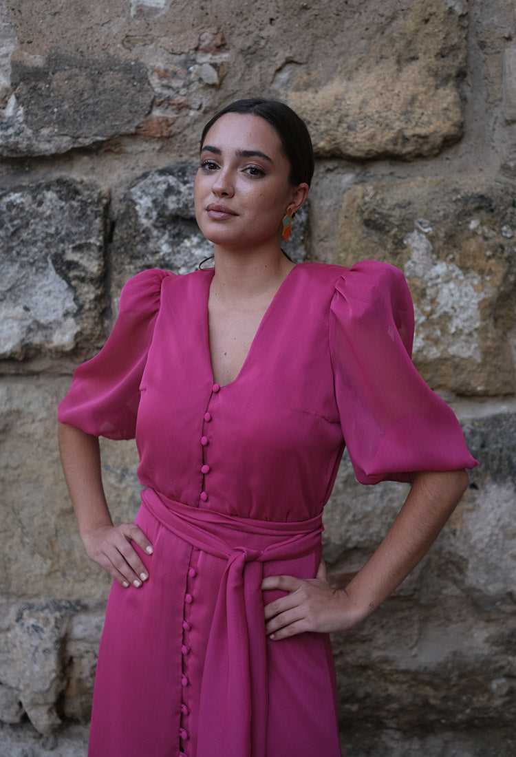 Pink V- Neck Crepe Dress